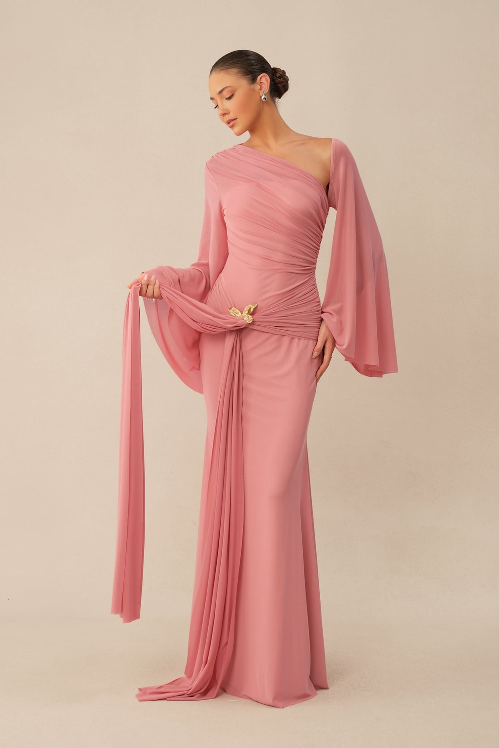 Knit One Shoulder Ruched Mermaid Maxi Dress - 5