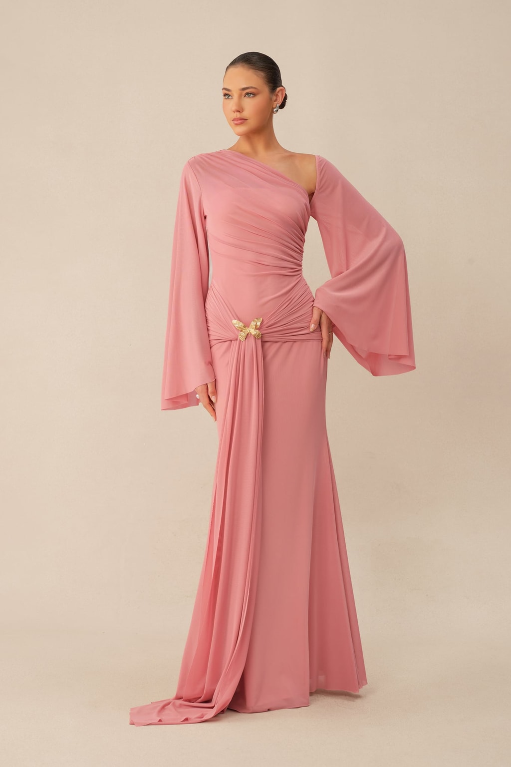 Knit One Shoulder Ruched Mermaid Maxi Dress - 2