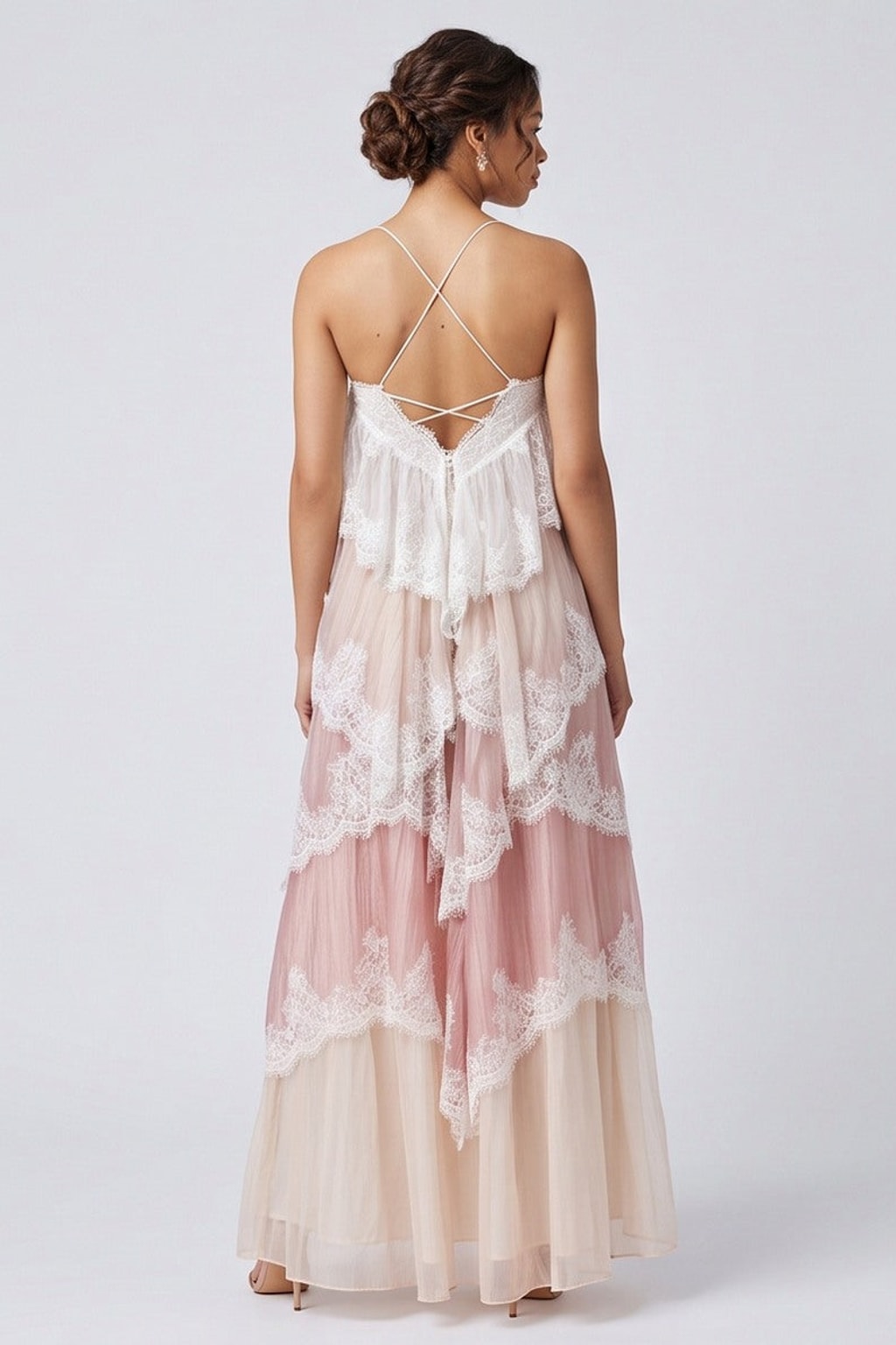 Chiffon Tiered Maxi Dress With Lace Trim - 3