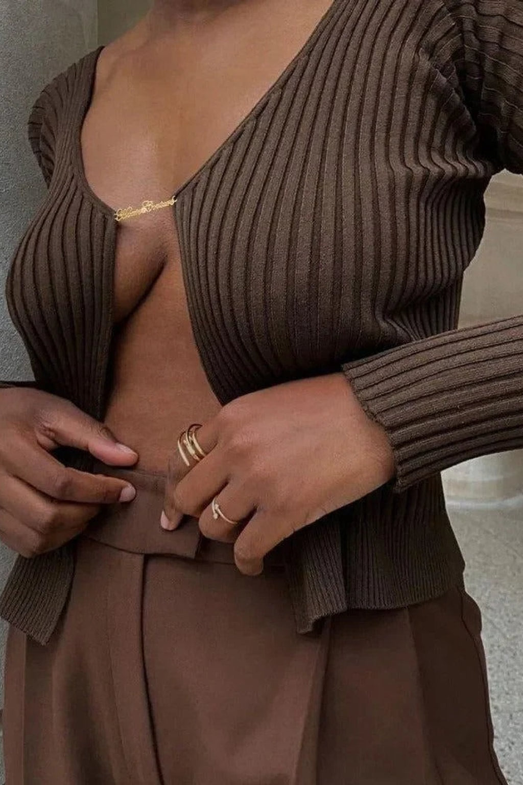 Ribbed Knit Chain-Detail Top in Brown - 3