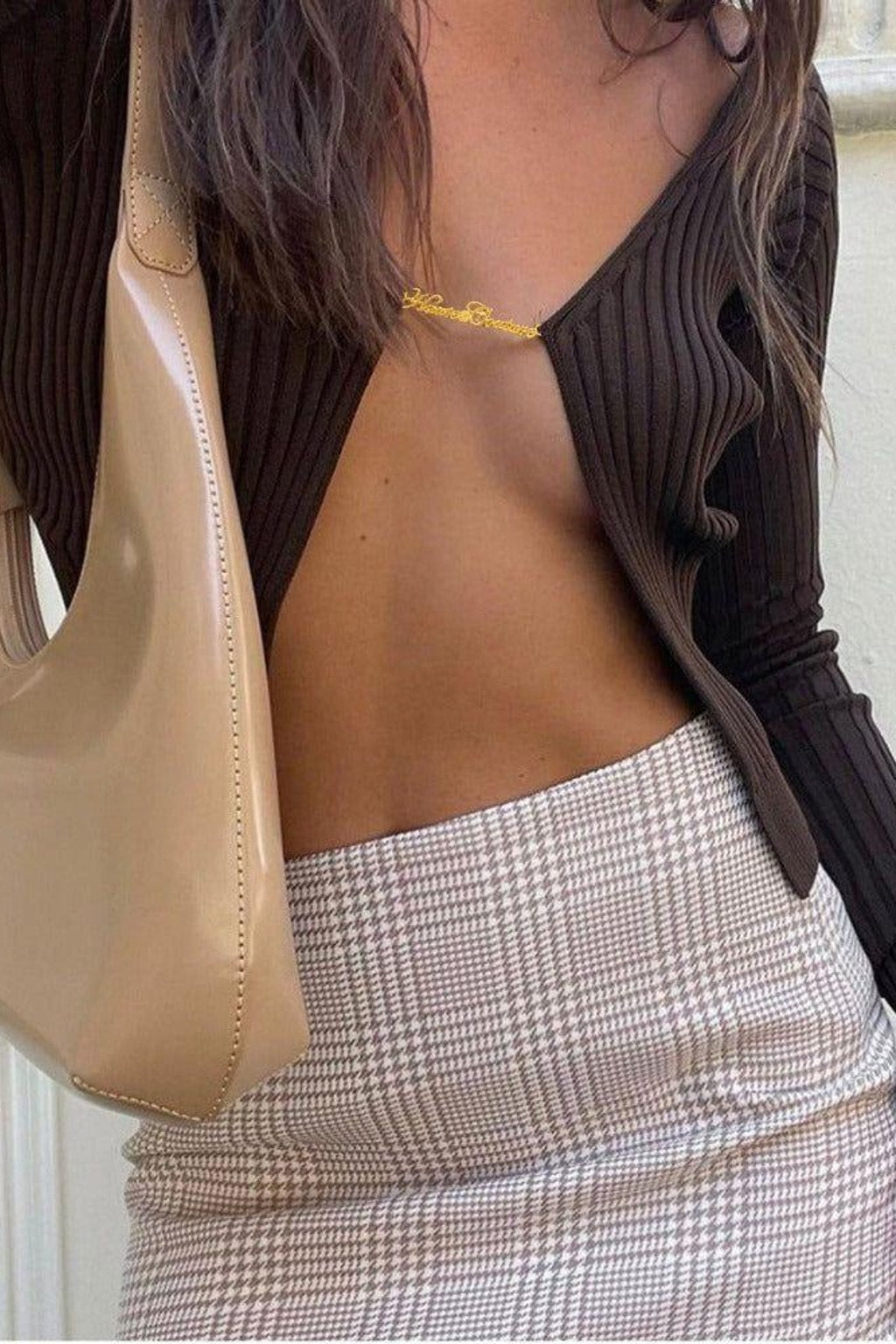 Ribbed Knit Chain-Detail Top in Brown - 4