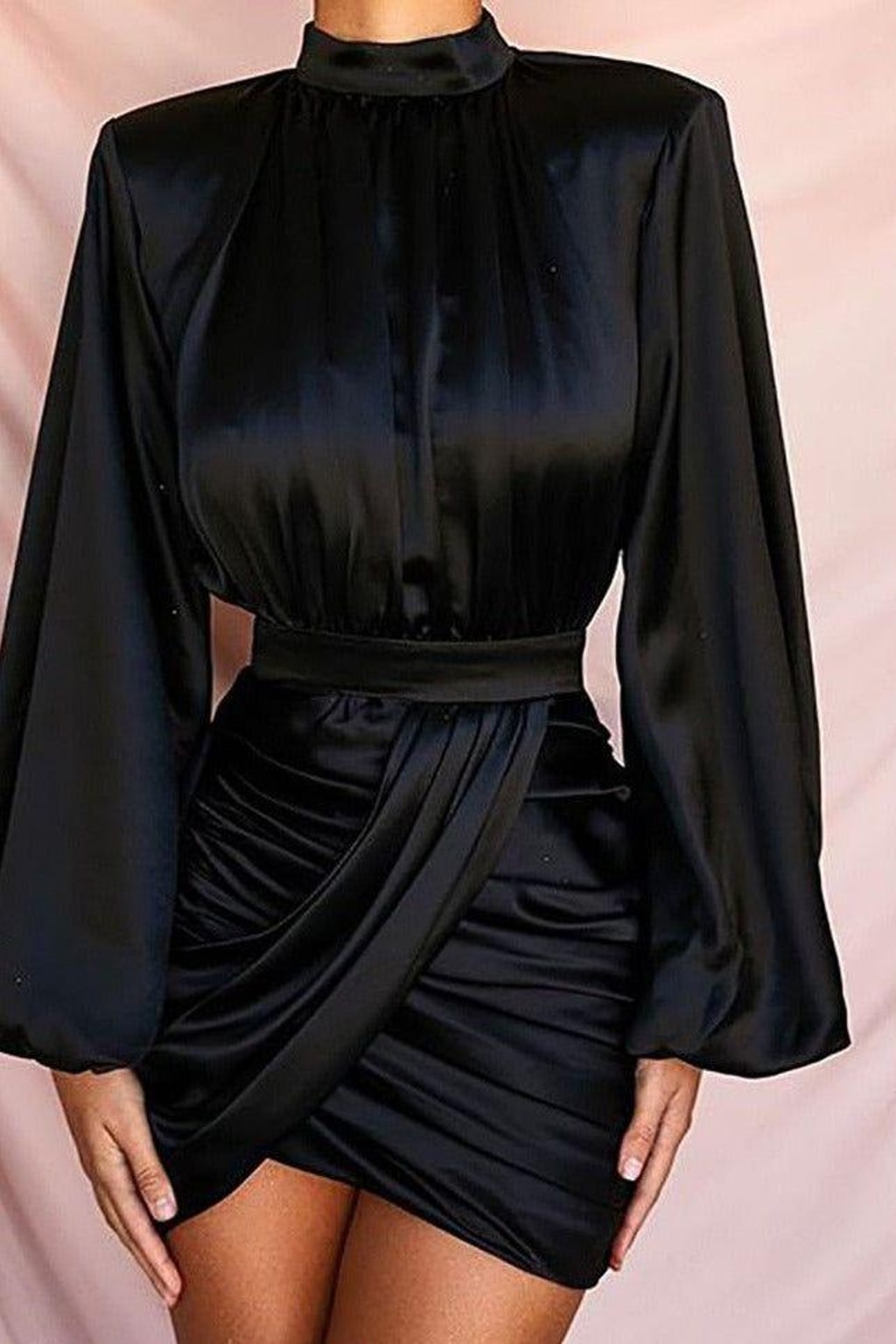 Satin Ruched Mini Dress With Puff Sleeves - 5