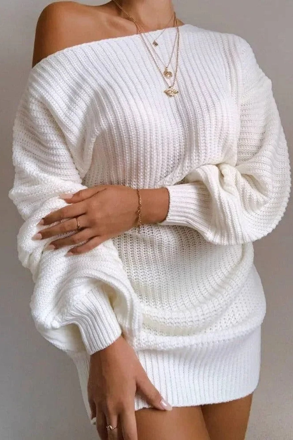 Acrylic Knit One-Shoulder Mini Dress - 2