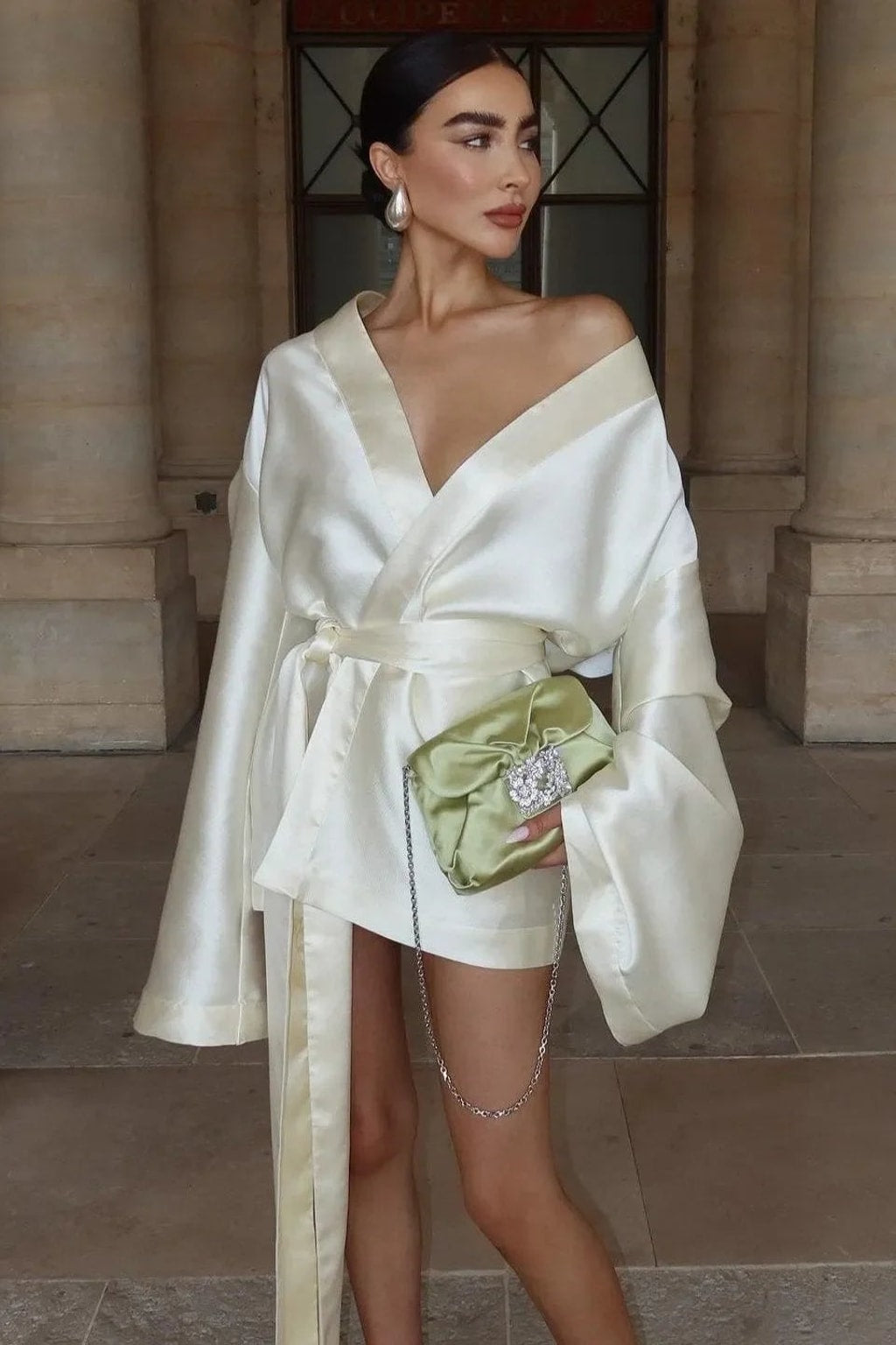 Satin Wrap Mini Dress With Long Sleeves - 2