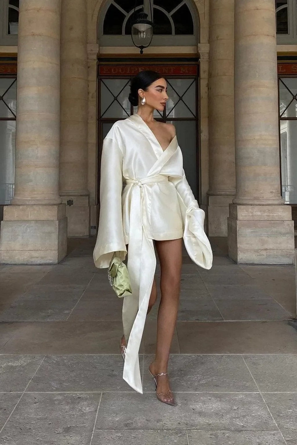 Satin Wrap Mini Dress With Long Sleeves - 4