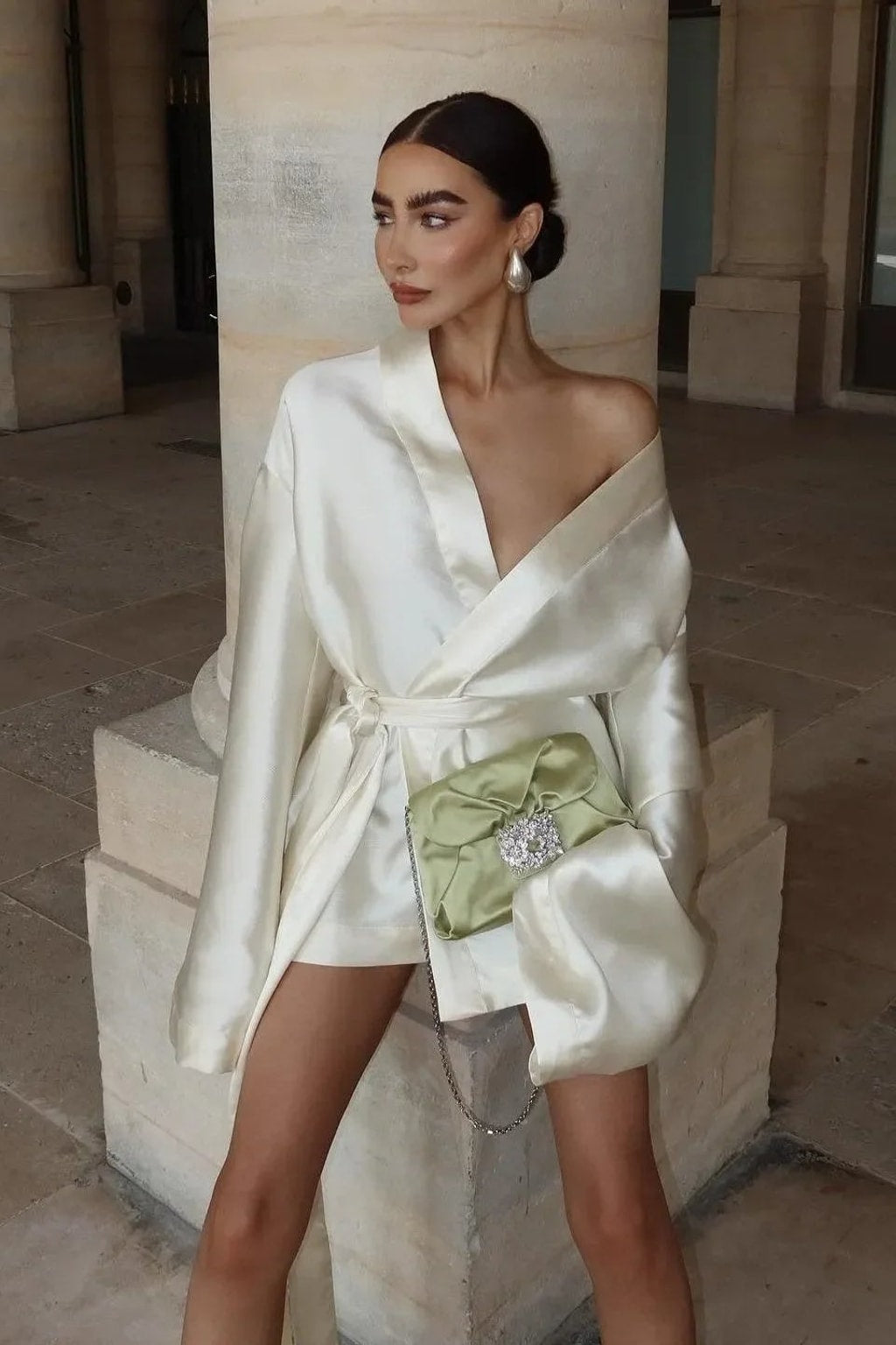 Satin Wrap Mini Dress With Long Sleeves - 6