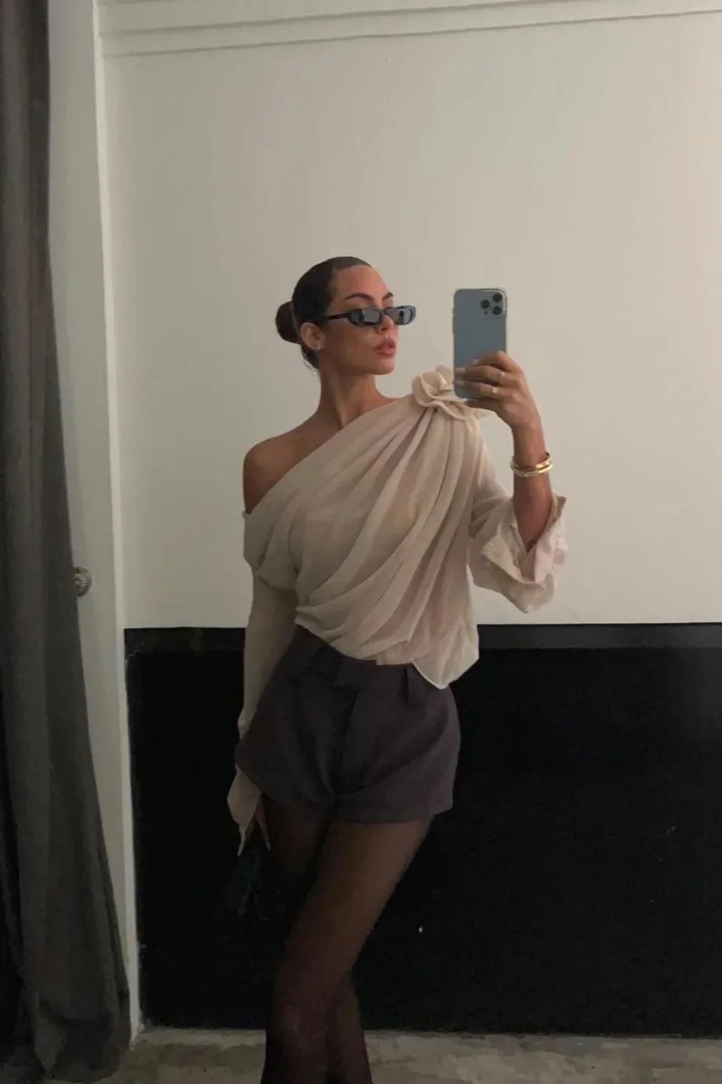Polyester Asymmetrical Draped Blouse - 7