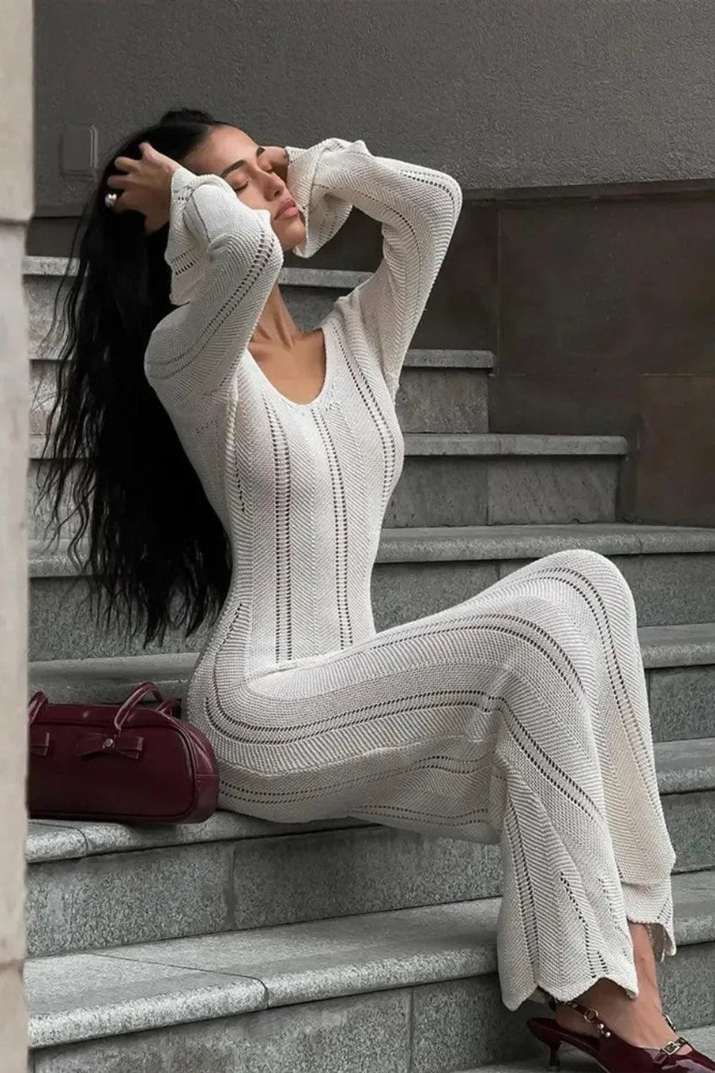 Cotton-Blend Long-Sleeve Maxi Dress - 4