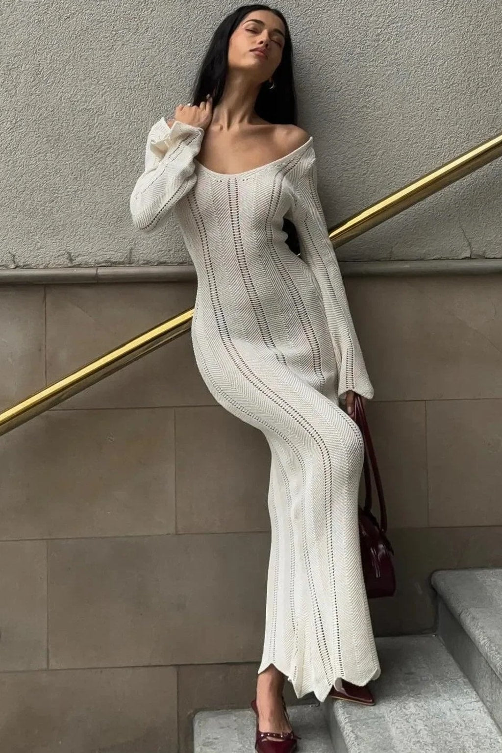 Cotton-Blend Long-Sleeve Maxi Dress - 5
