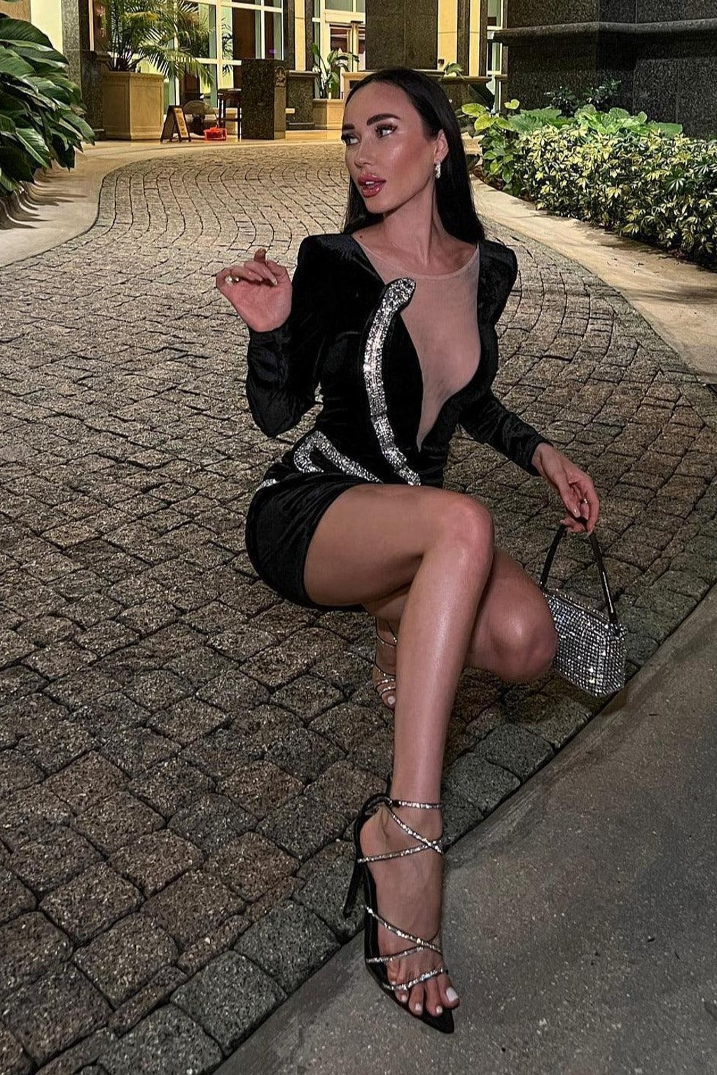 Black Velvet Mini Dress With Diamond Snake Trim - 5