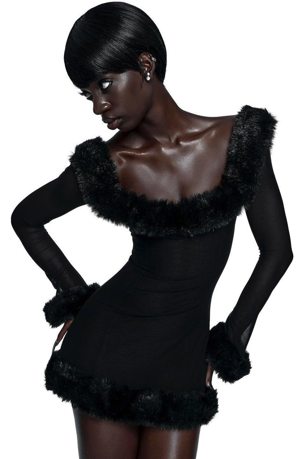 Mesh Mini Dress With Fur Trim - 5