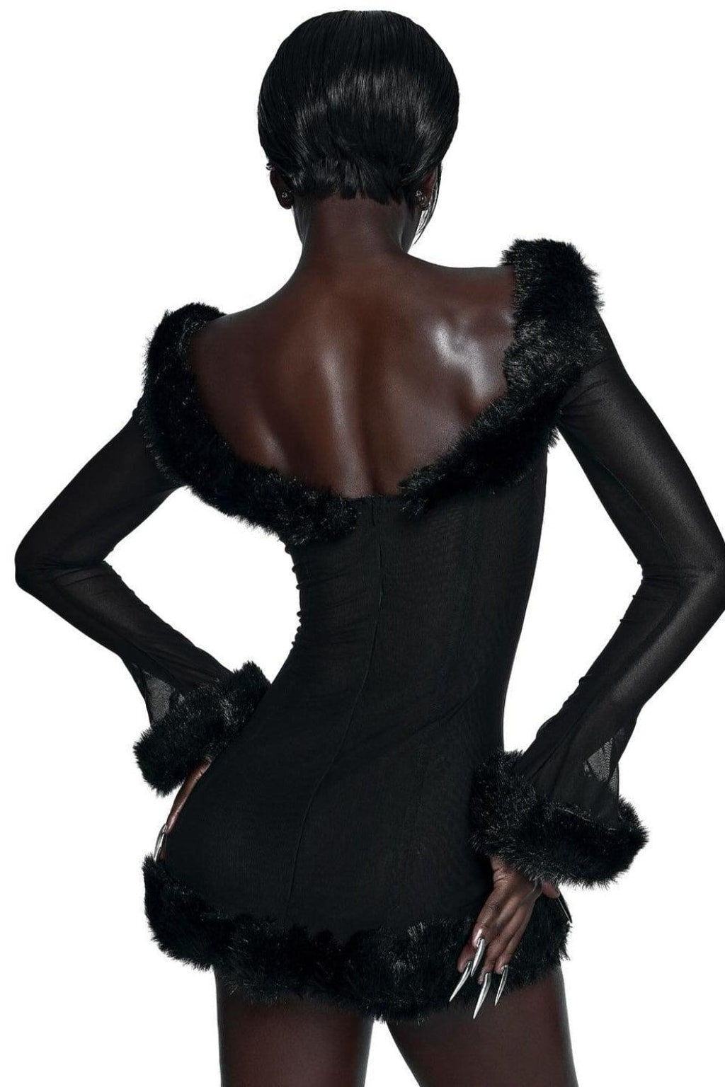 Mesh Mini Dress With Fur Trim - 6