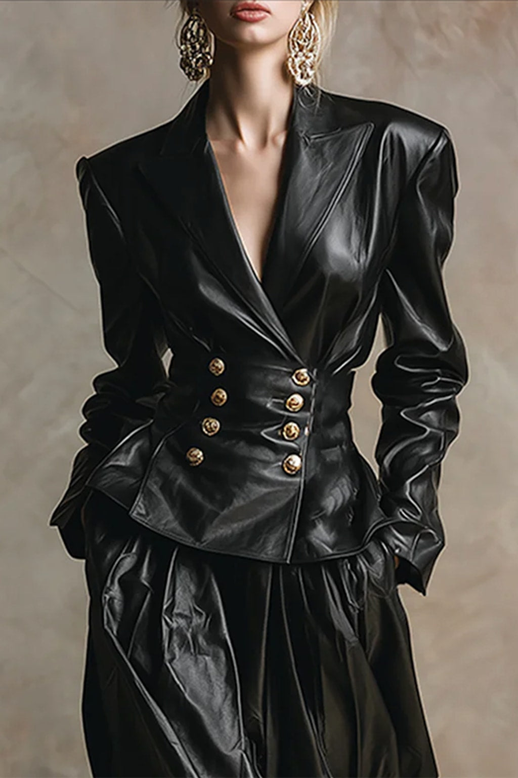 Faux Leather Notched Collar Jacket - 2