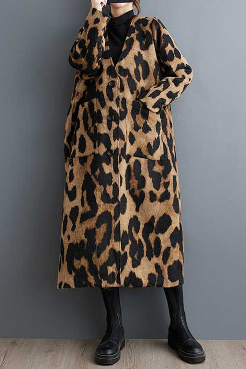 Long Sleeves Blend Leopard Print Trench Coat - 5