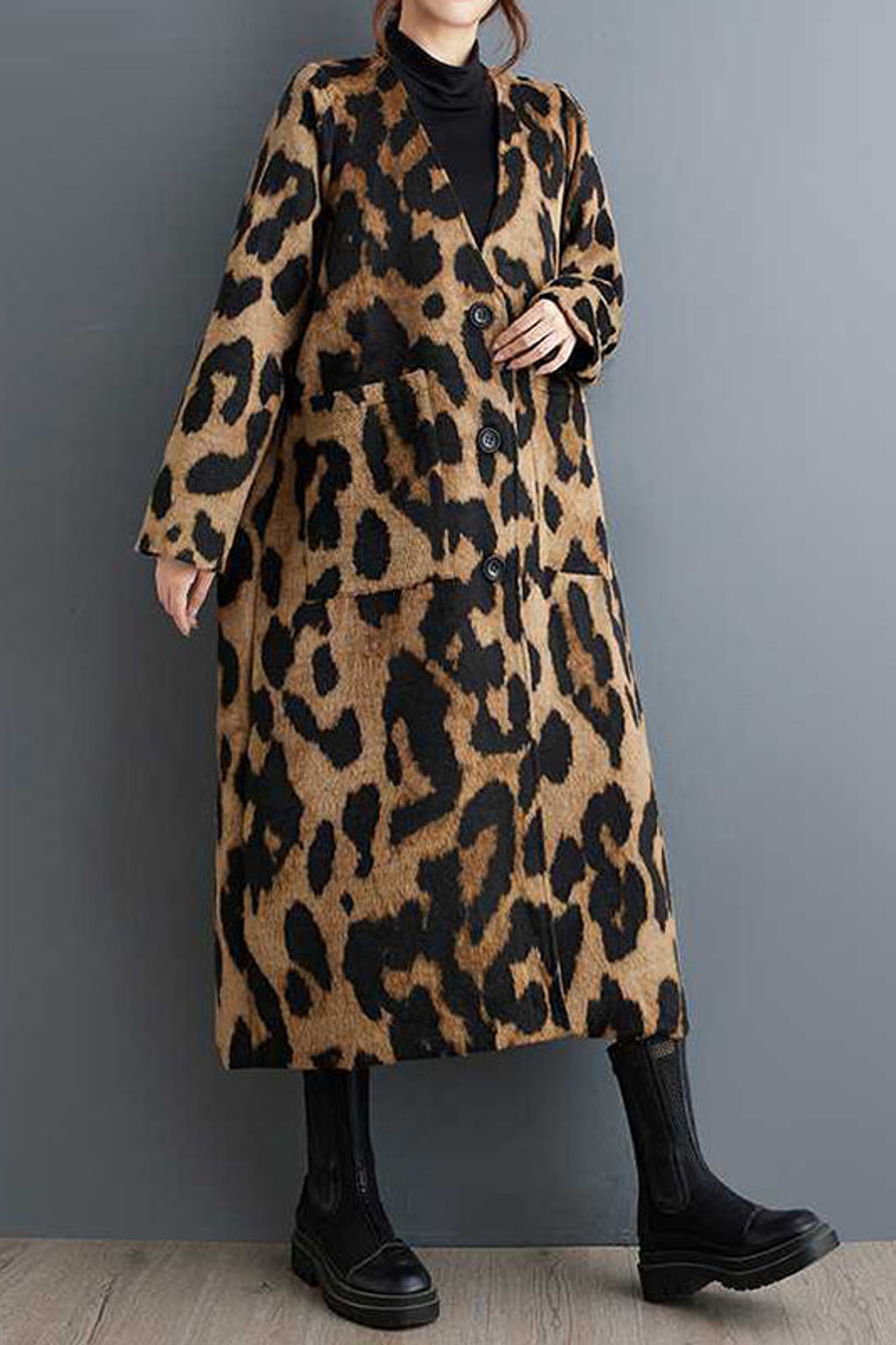 Long Sleeves Blend Leopard Print Trench Coat - 6