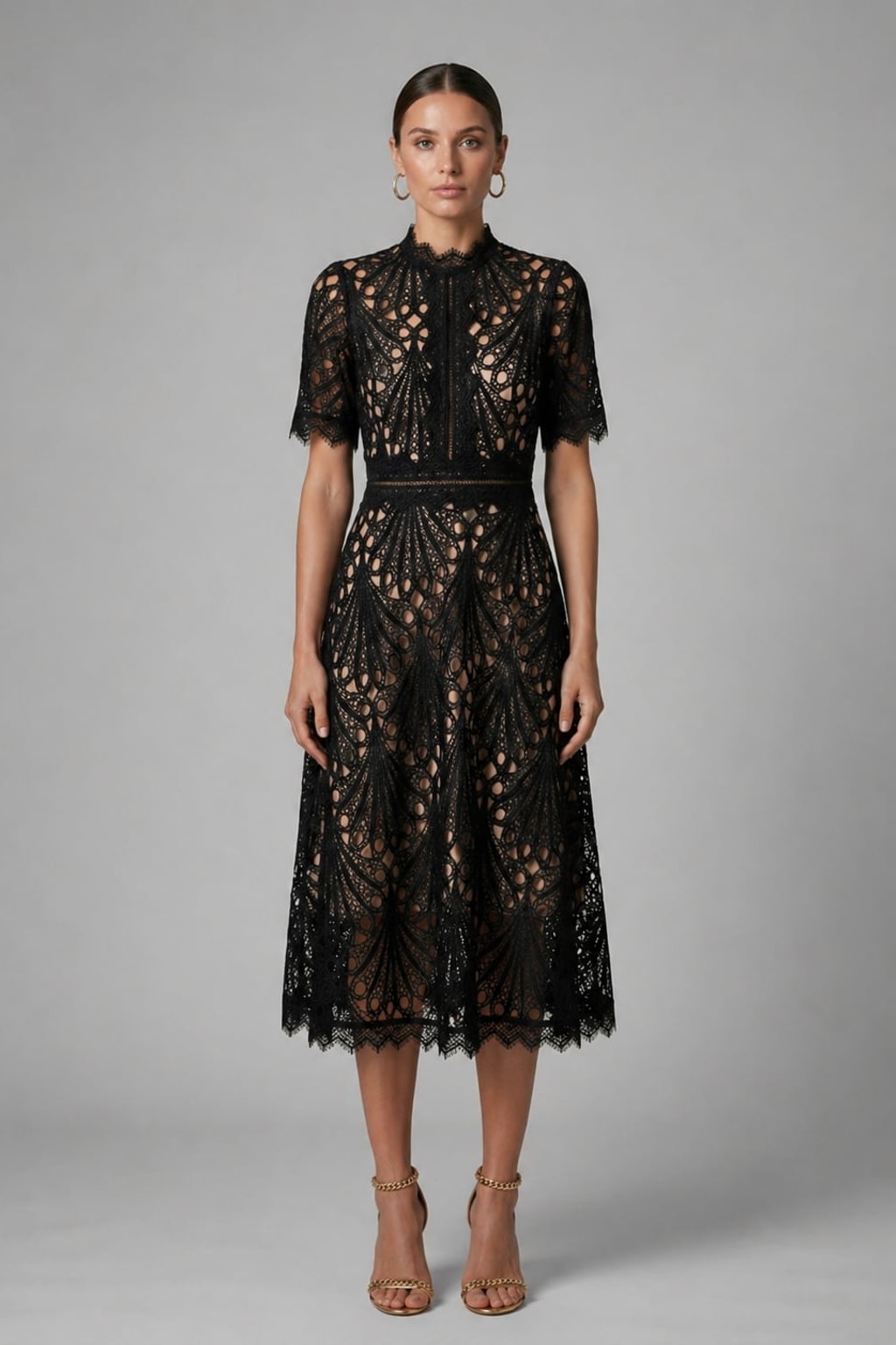 Lace Midi Dress With Scalloped High Neck - 2