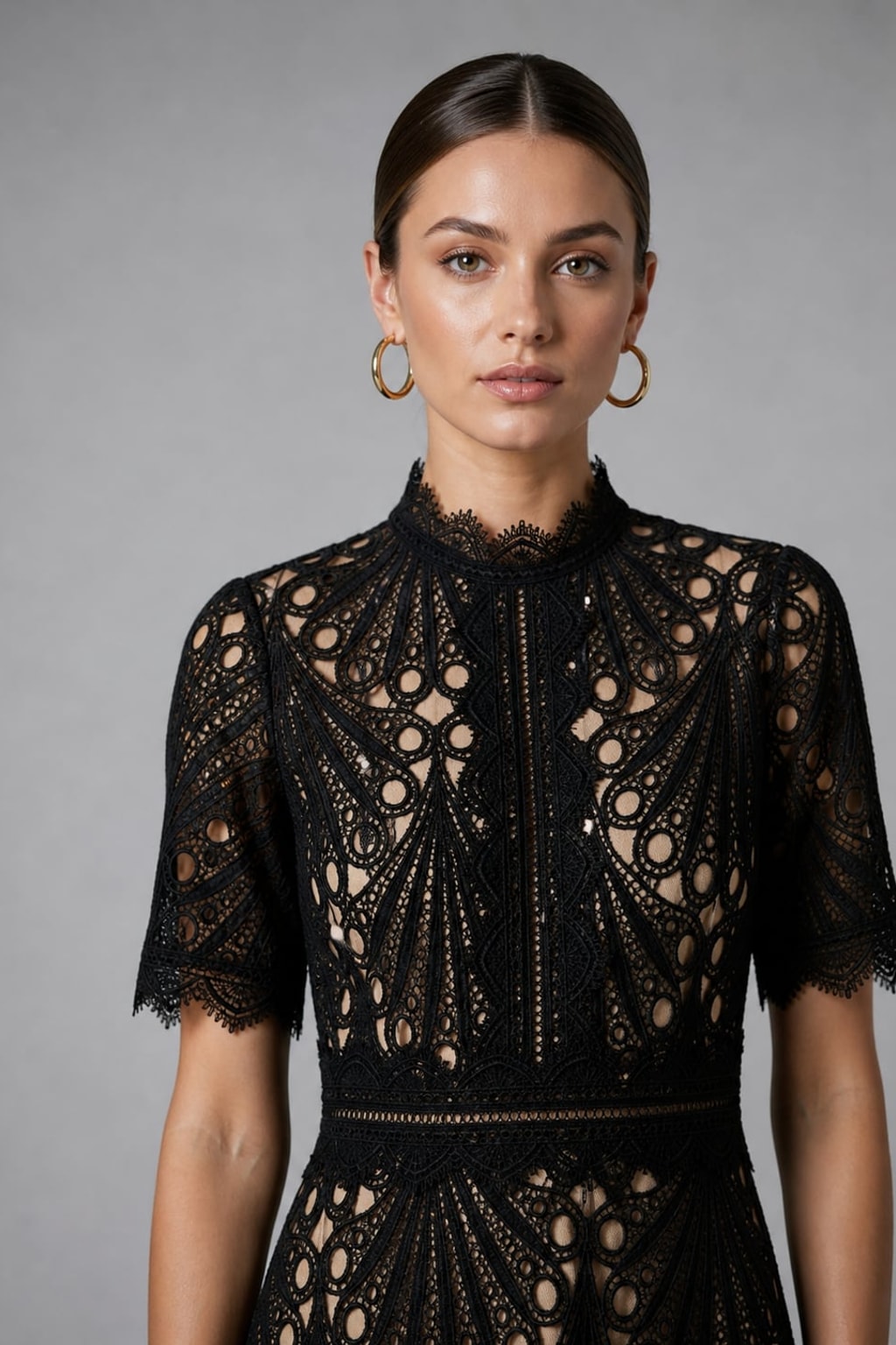Lace Midi Dress With Scalloped High Neck - 3
