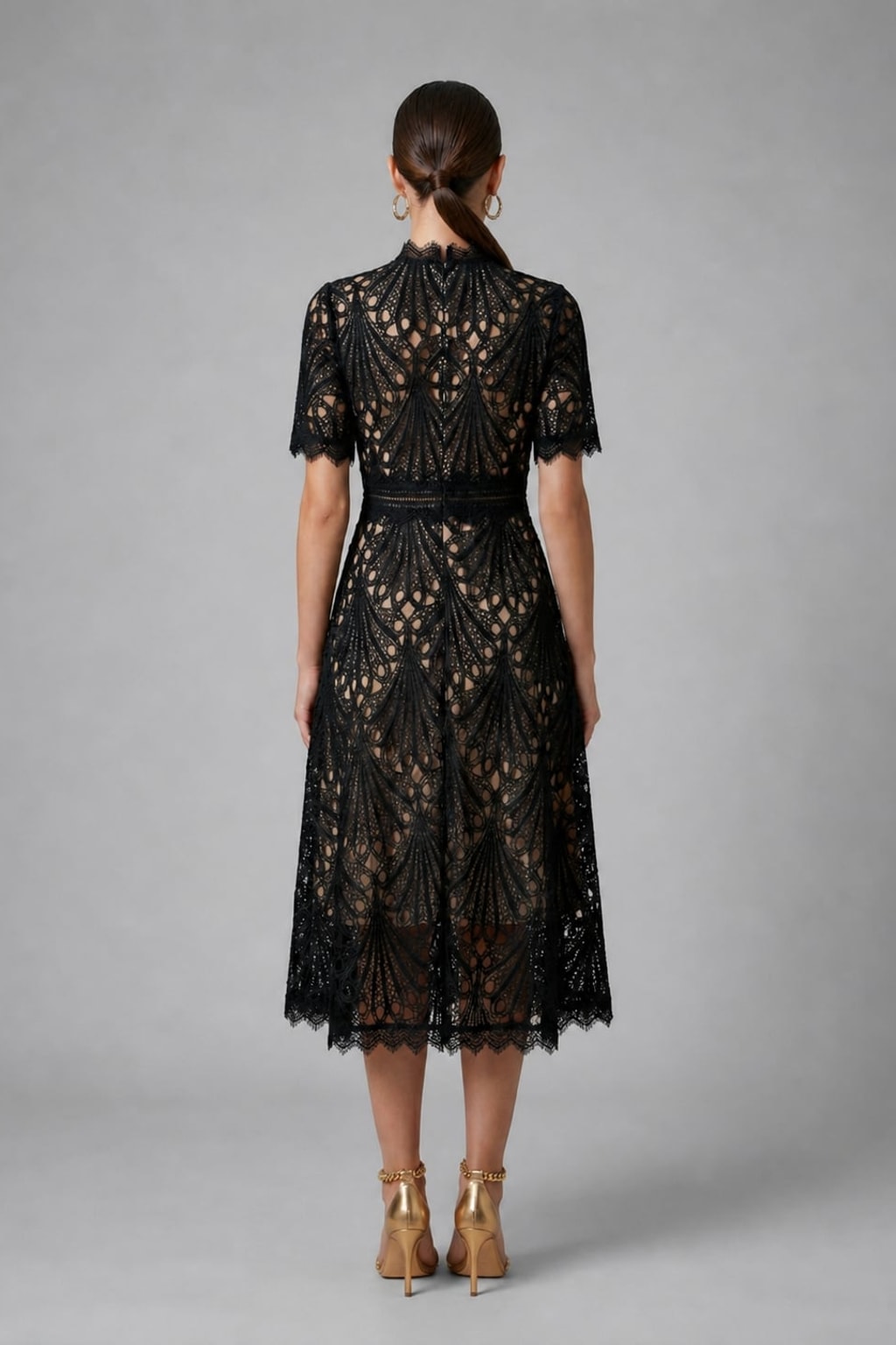 Lace Midi Dress With Scalloped High Neck - 4