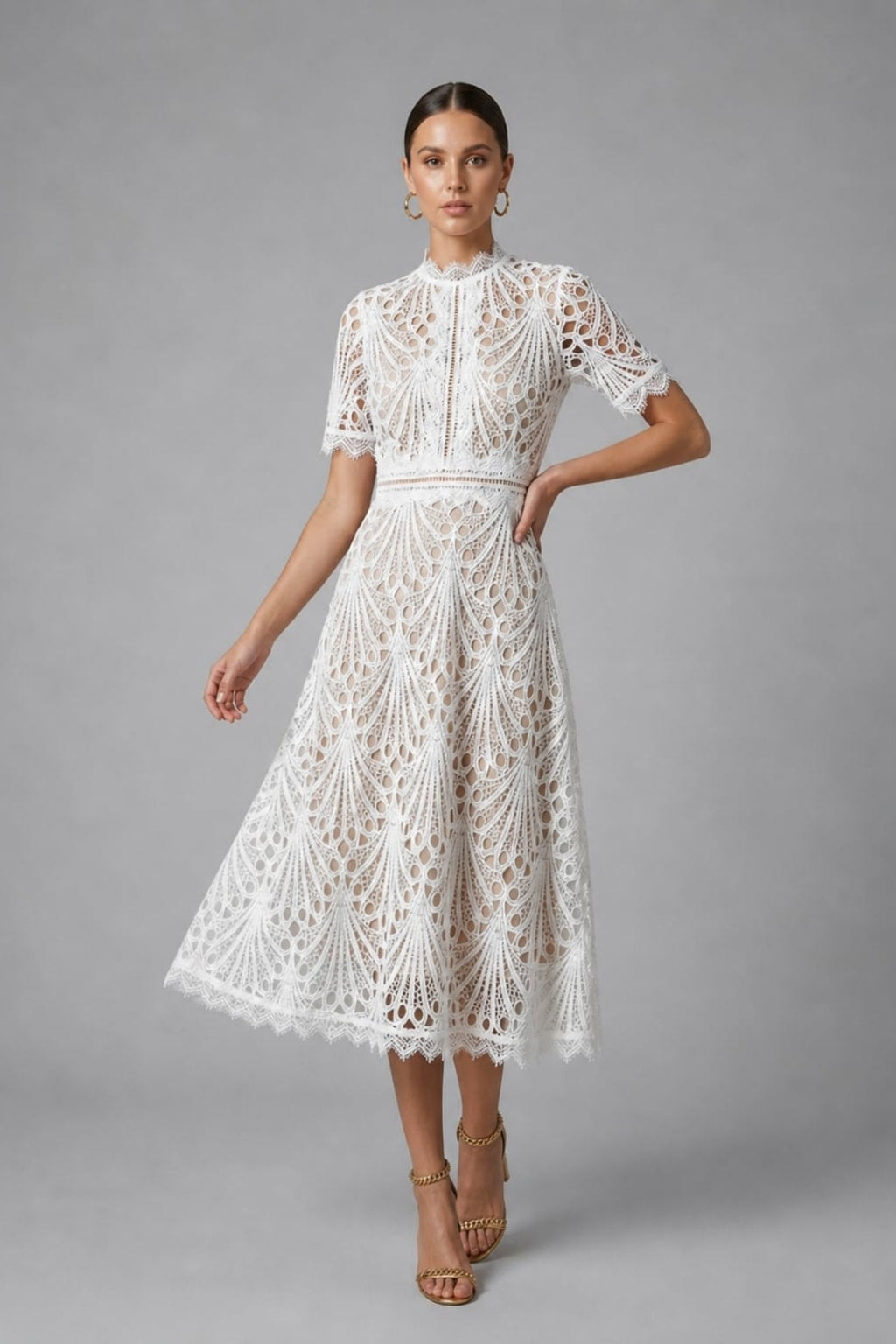 Lace Midi Dress With Scalloped High Neck - 5