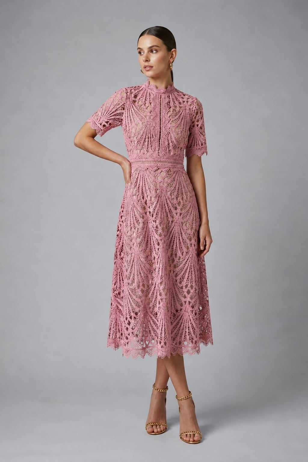 Lace Midi Dress With Scalloped High Neck - 6