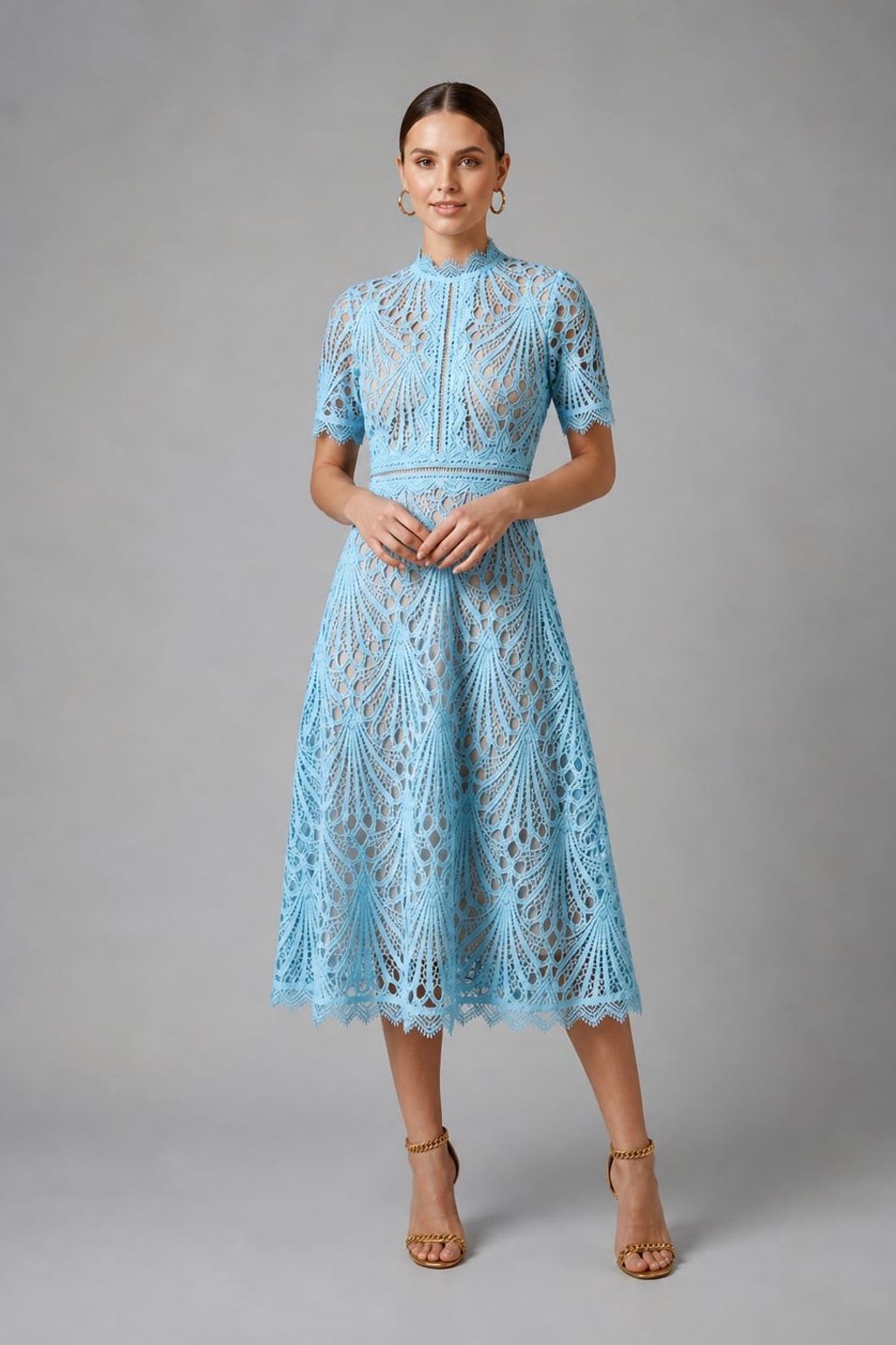 Lace Midi Dress With Scalloped High Neck - 7