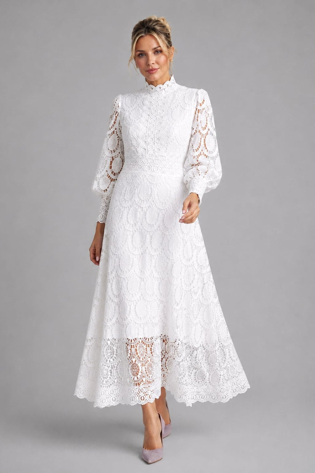 Elegant Lace Midi Dress With Long Sleeves - 4