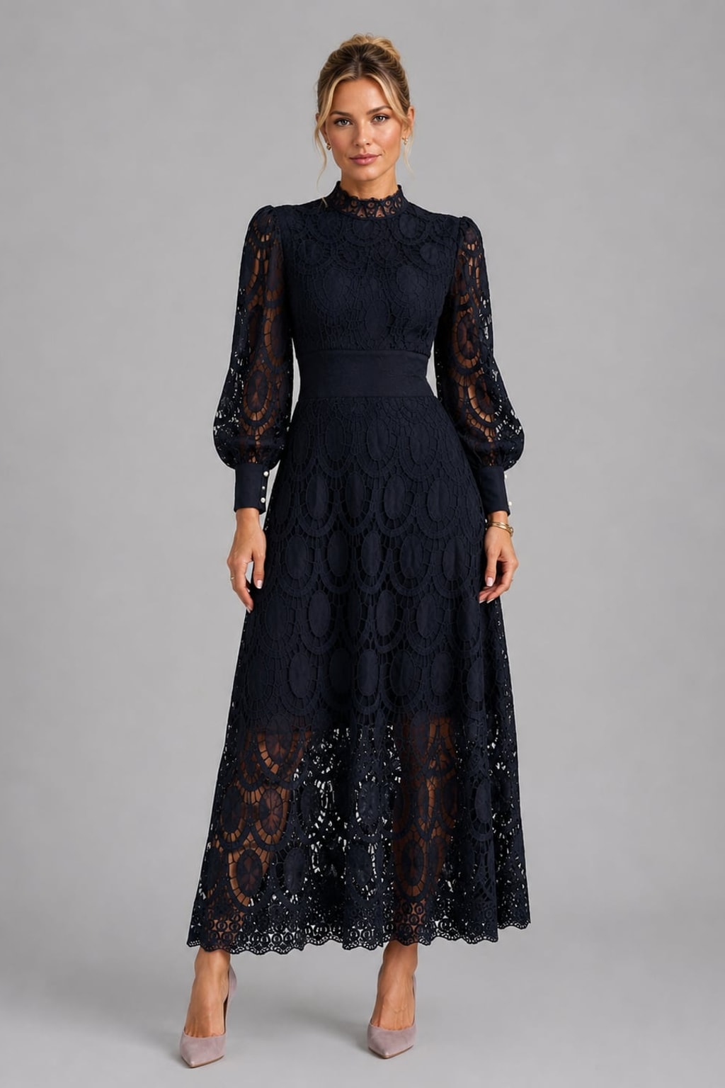 Elegant Lace Midi Dress With Long Sleeves - 5