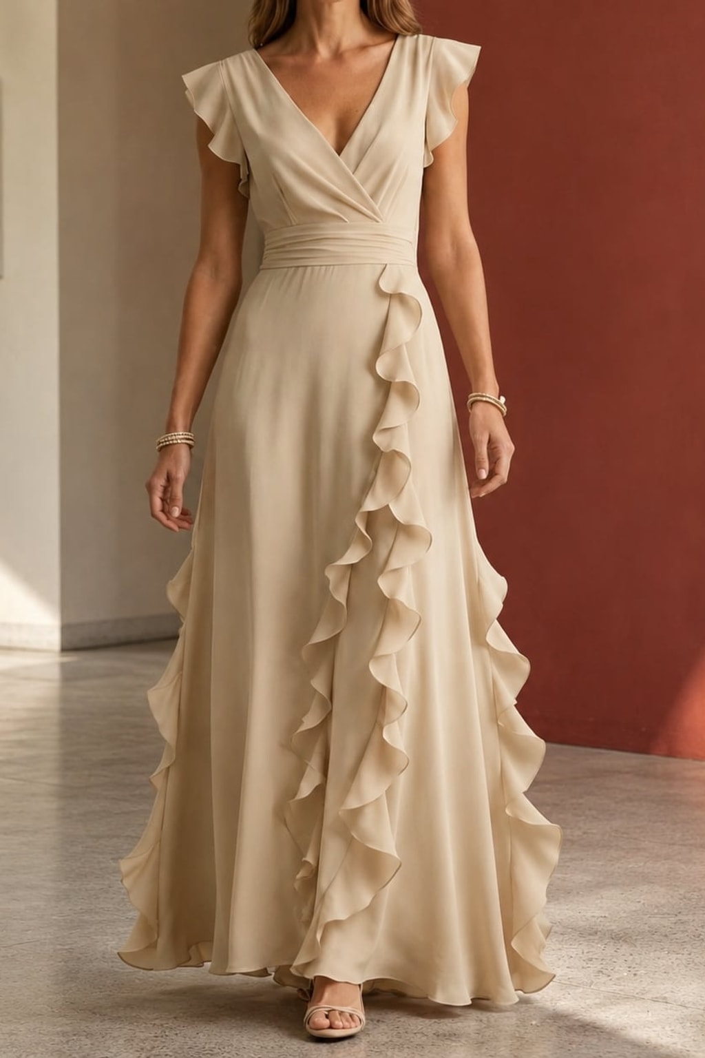 Woven Ruffle Maxi Dress with Wrap Neckline - 2