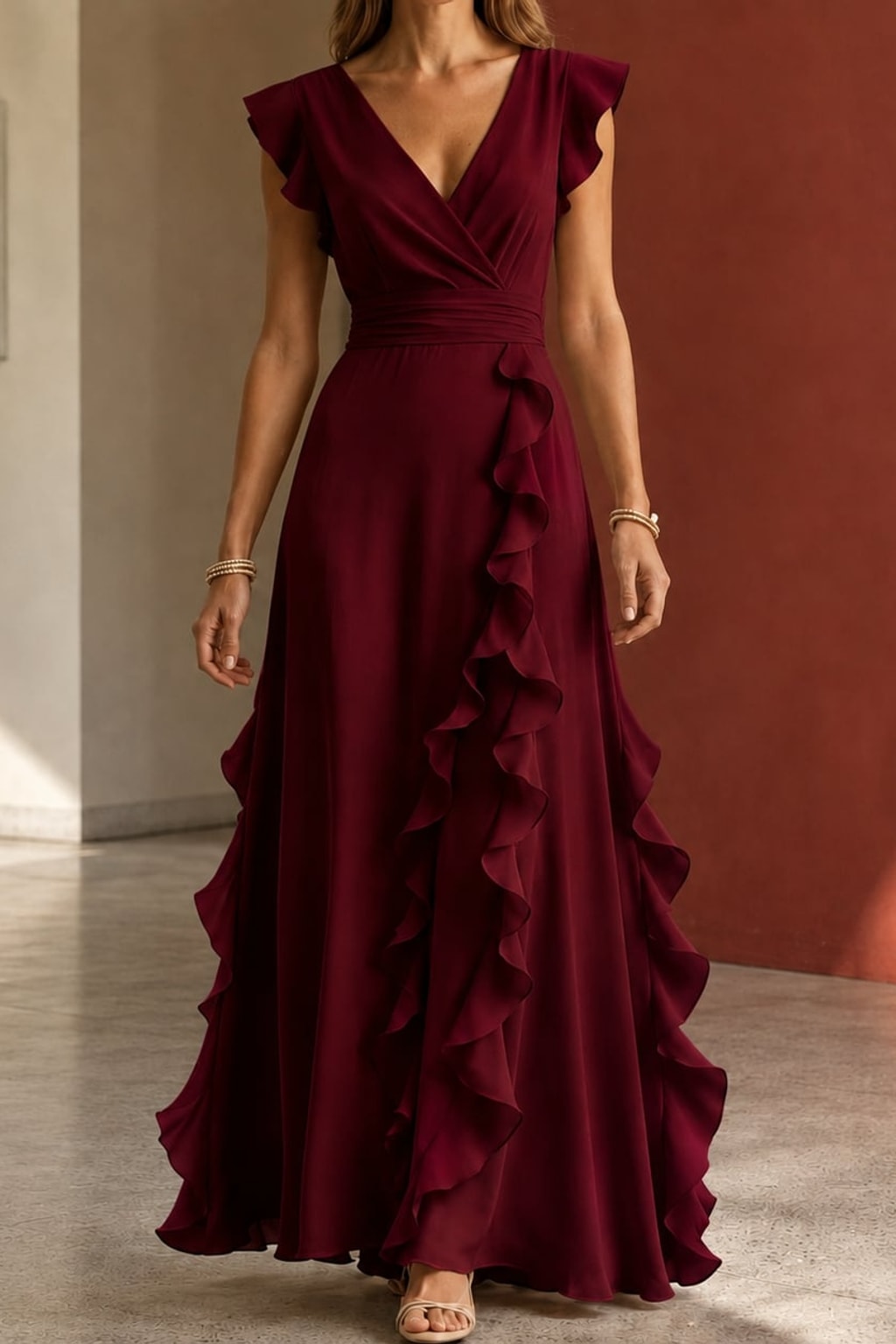 Woven Ruffle Maxi Dress with Wrap Neckline - 5