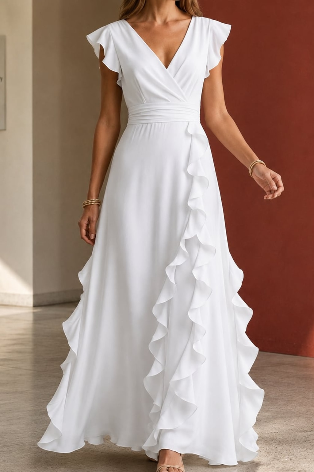 Woven Ruffle Maxi Dress with Wrap Neckline - 6