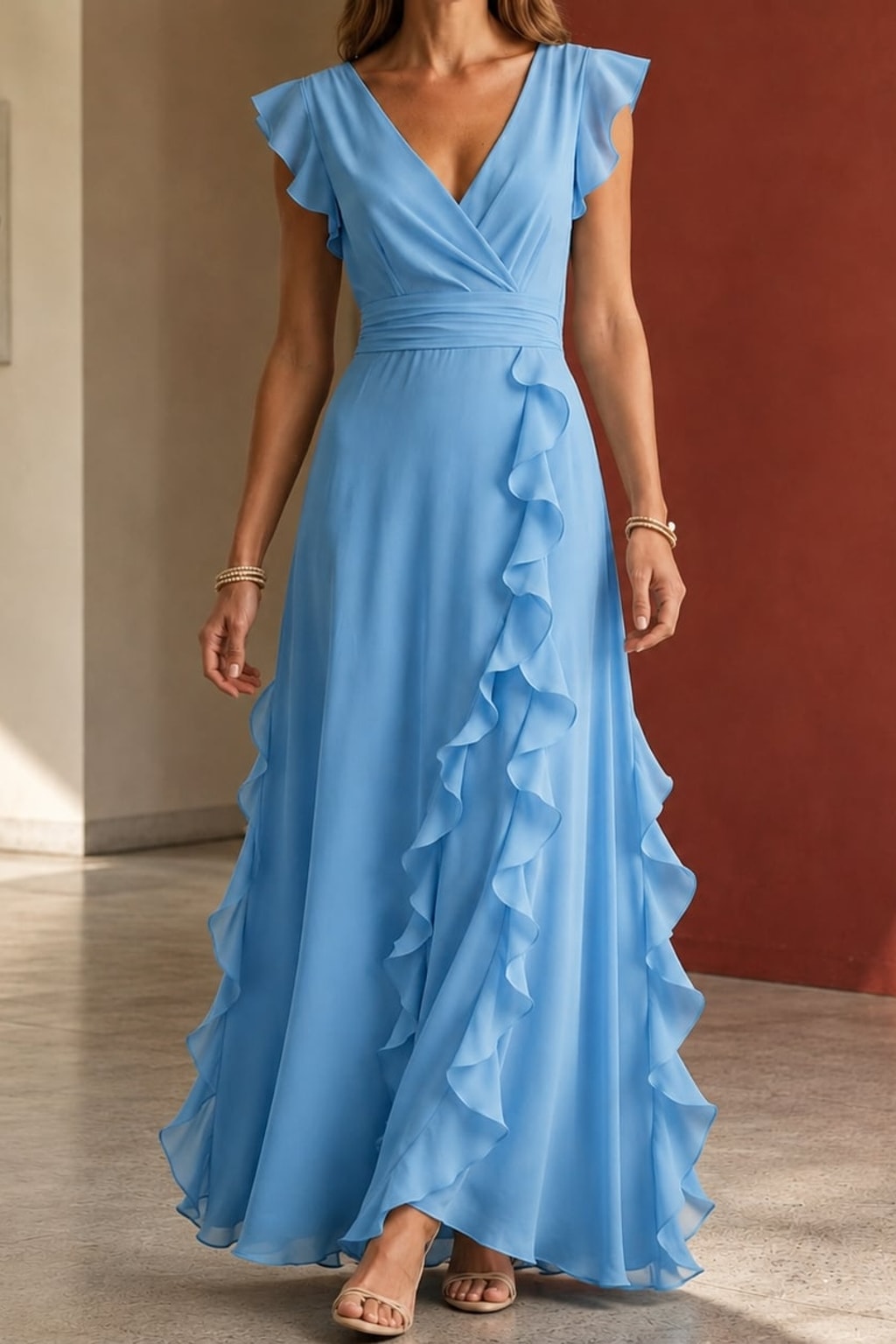 Woven Ruffle Maxi Dress with Wrap Neckline - 7