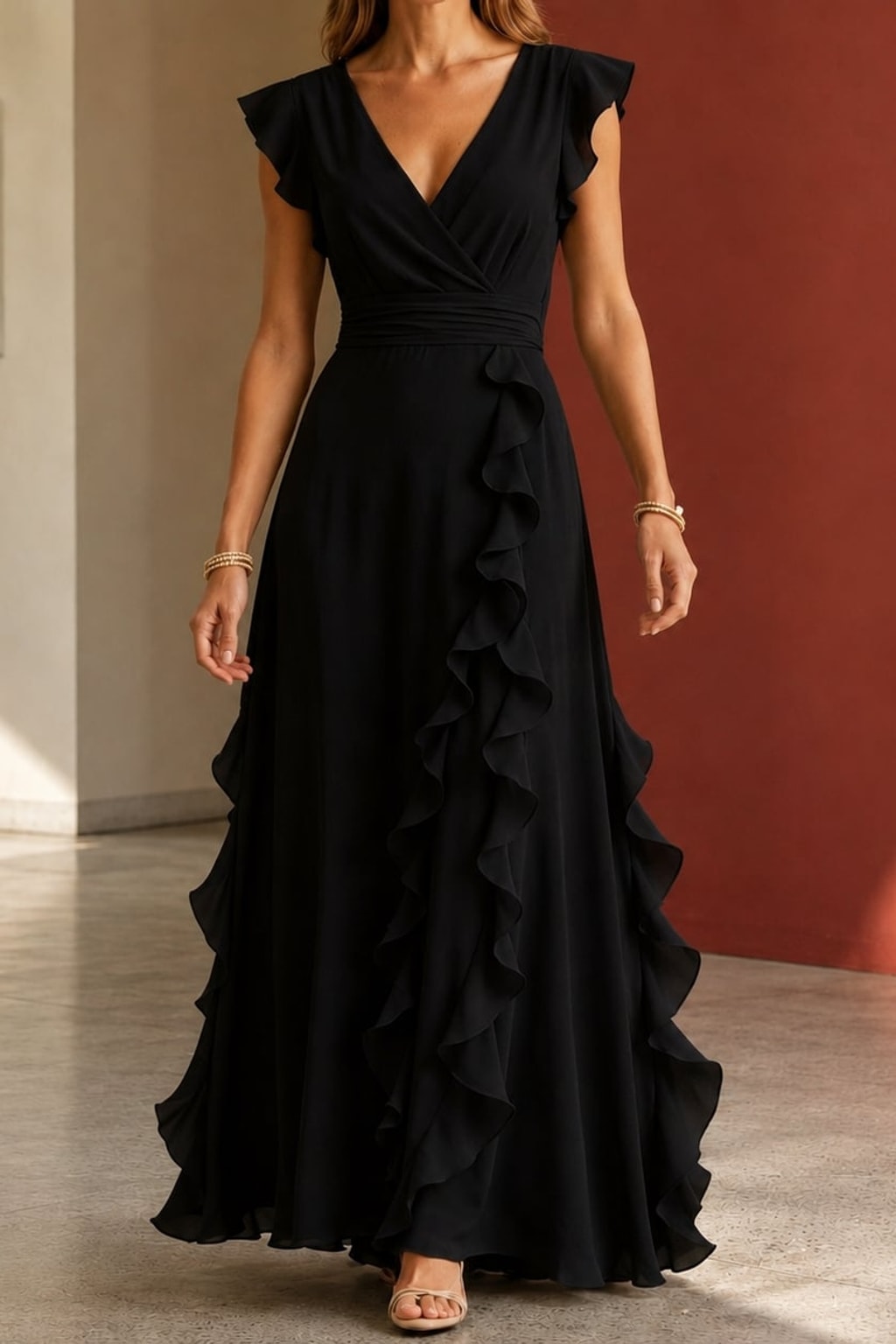 Woven Ruffle Maxi Dress with Wrap Neckline - 8