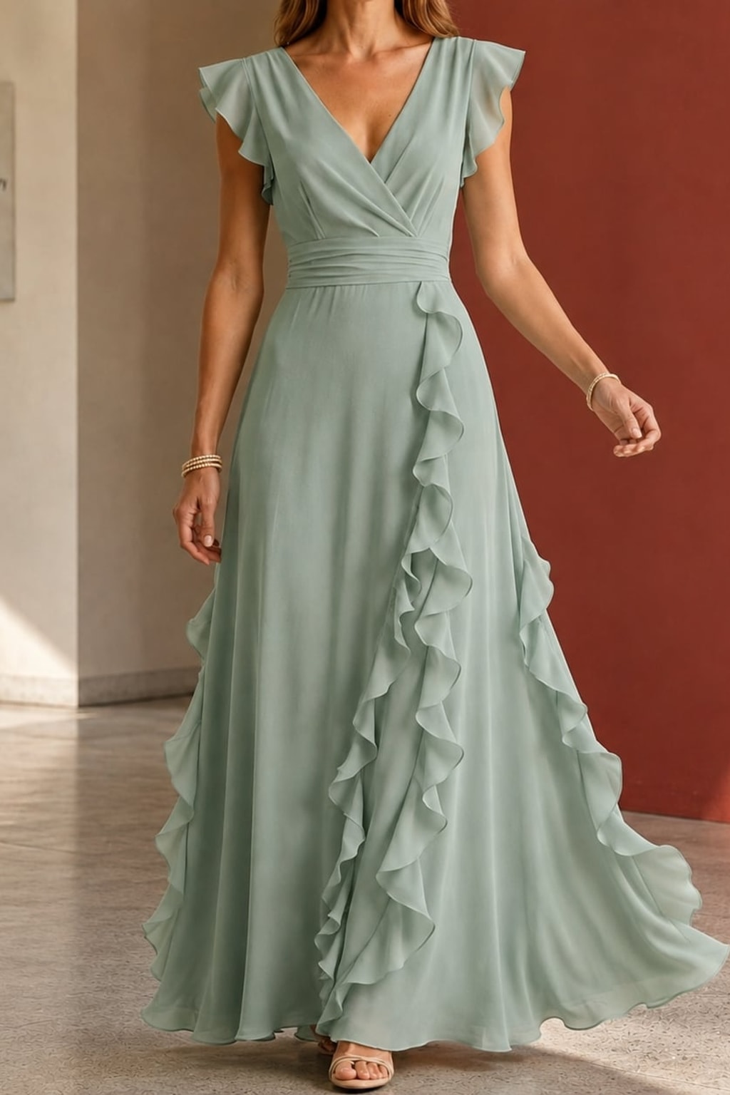Woven Ruffle Maxi Dress with Wrap Neckline - 9