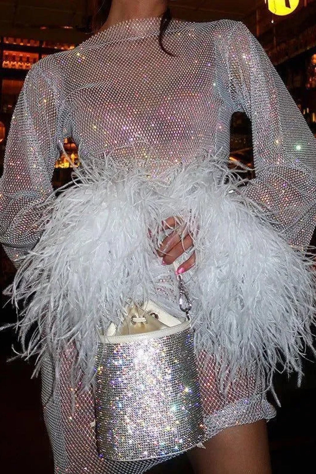 Feather Trim Mini Dress with Rhinestone Sparkle - 3