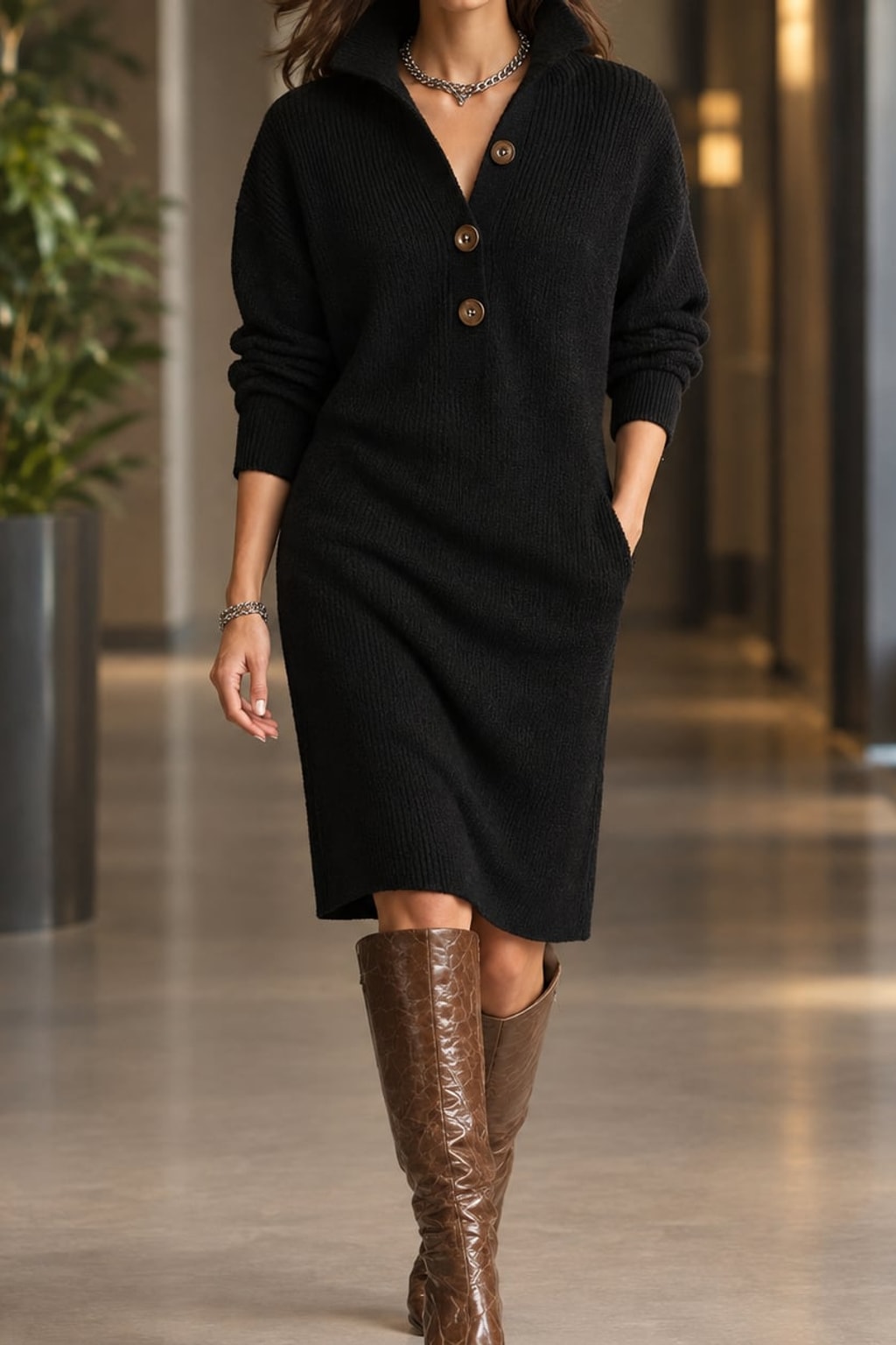 Wool-Blend Ribbed Knit Midi Dress - 2