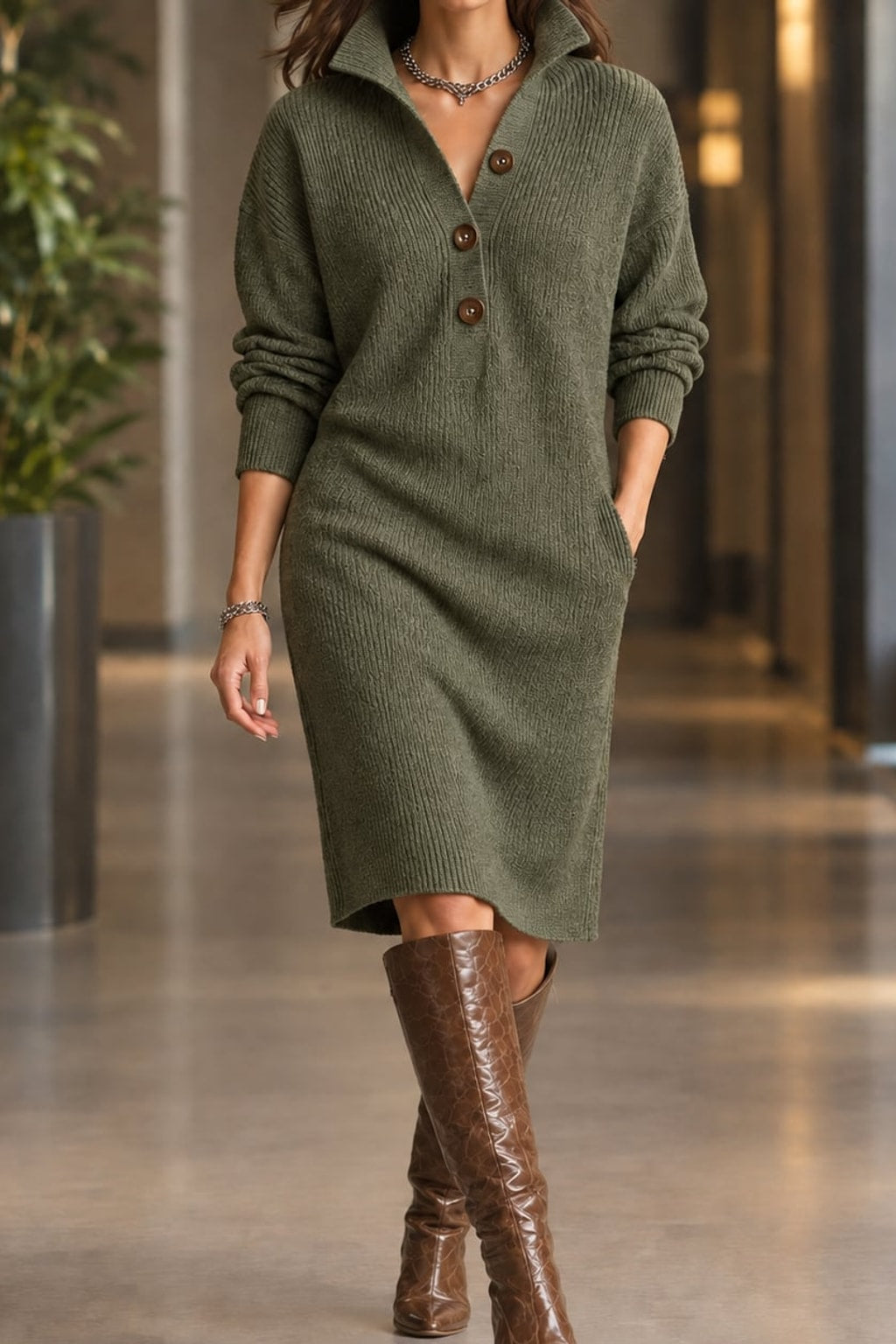 Wool-Blend Ribbed Knit Midi Dress - 6
