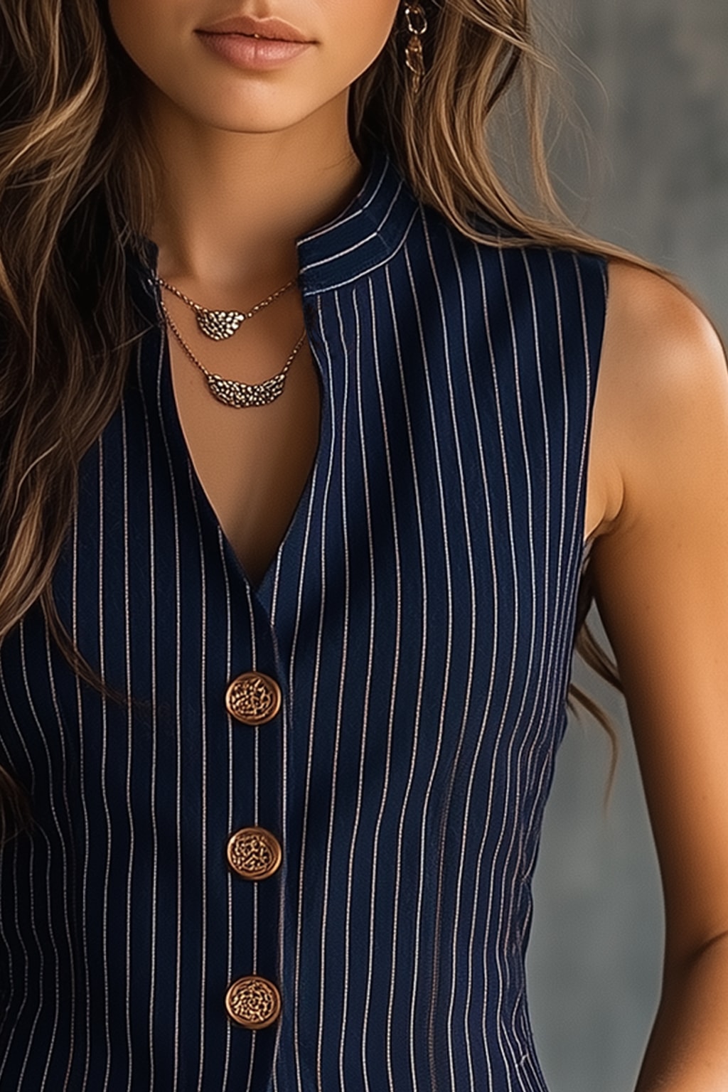 Blue Striped Henley Tank with Vintage Buttons - 5