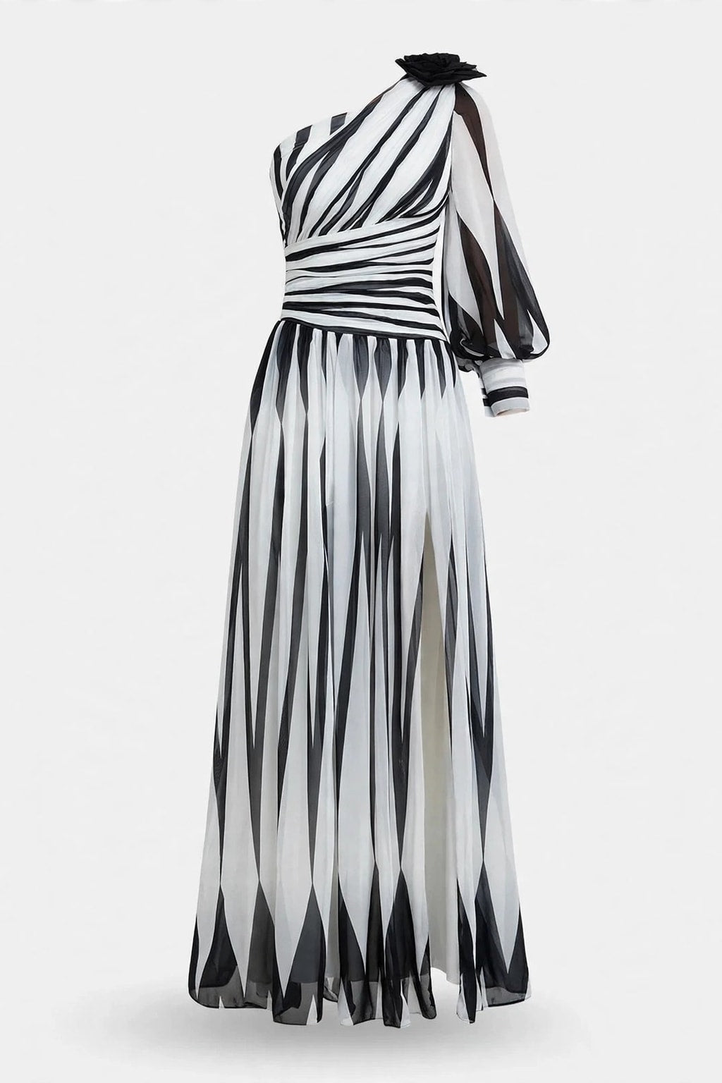 Striped One-Shoulder Maxi Dress With Thigh-High Slit - 1
