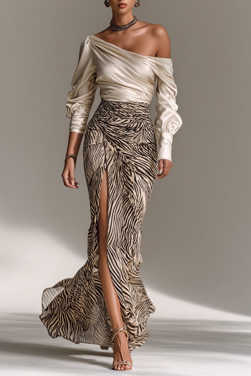 Satin Two-Piece Set With Off-Shoulder Zebra Print Skirt - 5