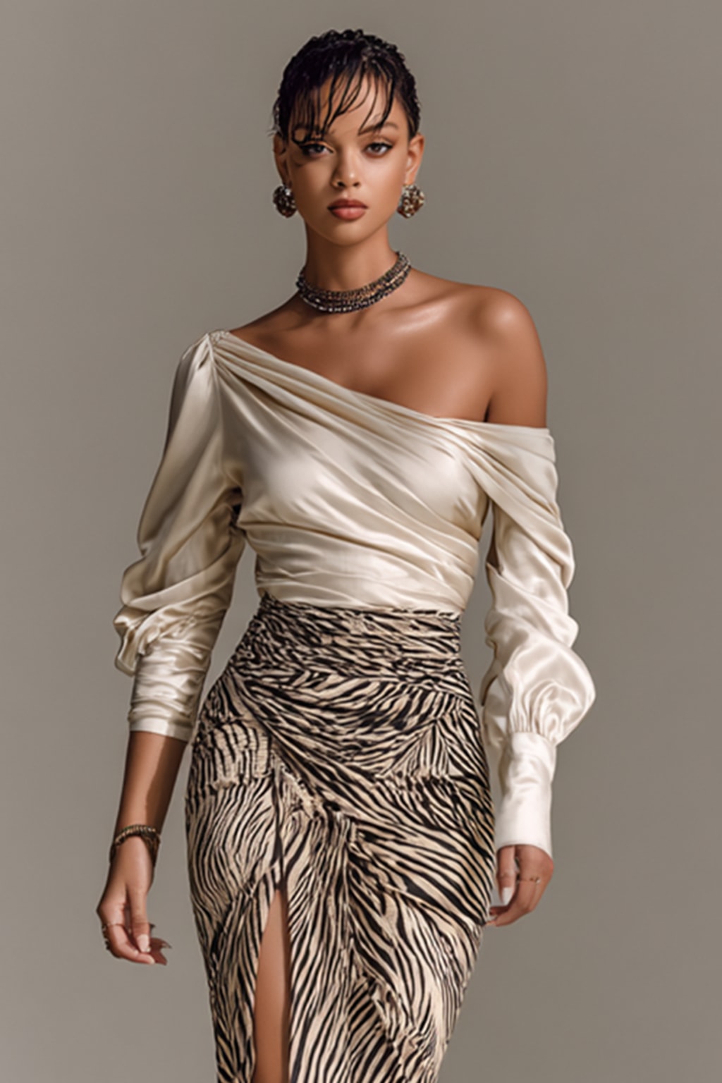 Satin Two-Piece Set With Off-Shoulder Zebra Print Skirt - 3