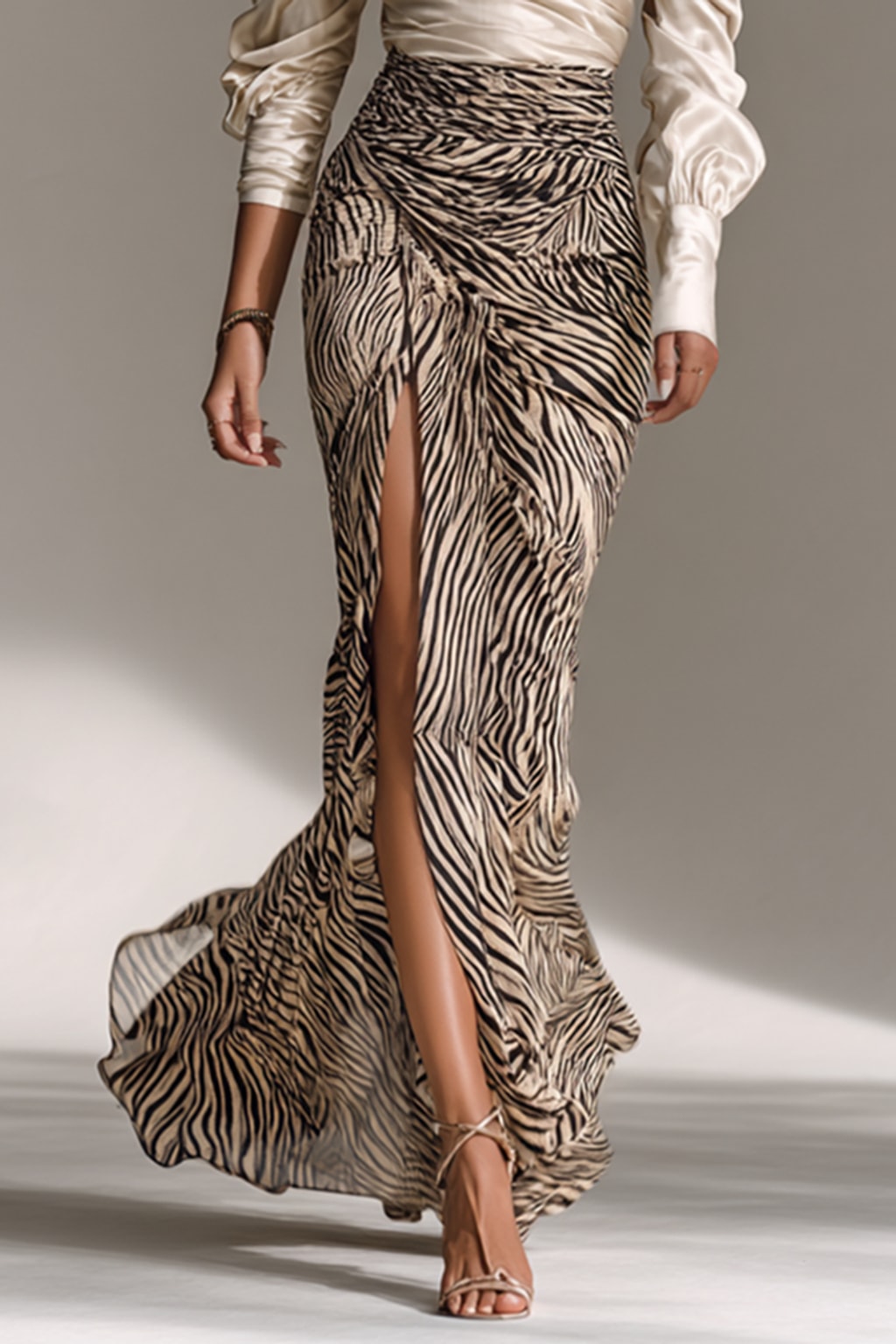 Satin Two-Piece Set With Off-Shoulder Zebra Print Skirt - 4