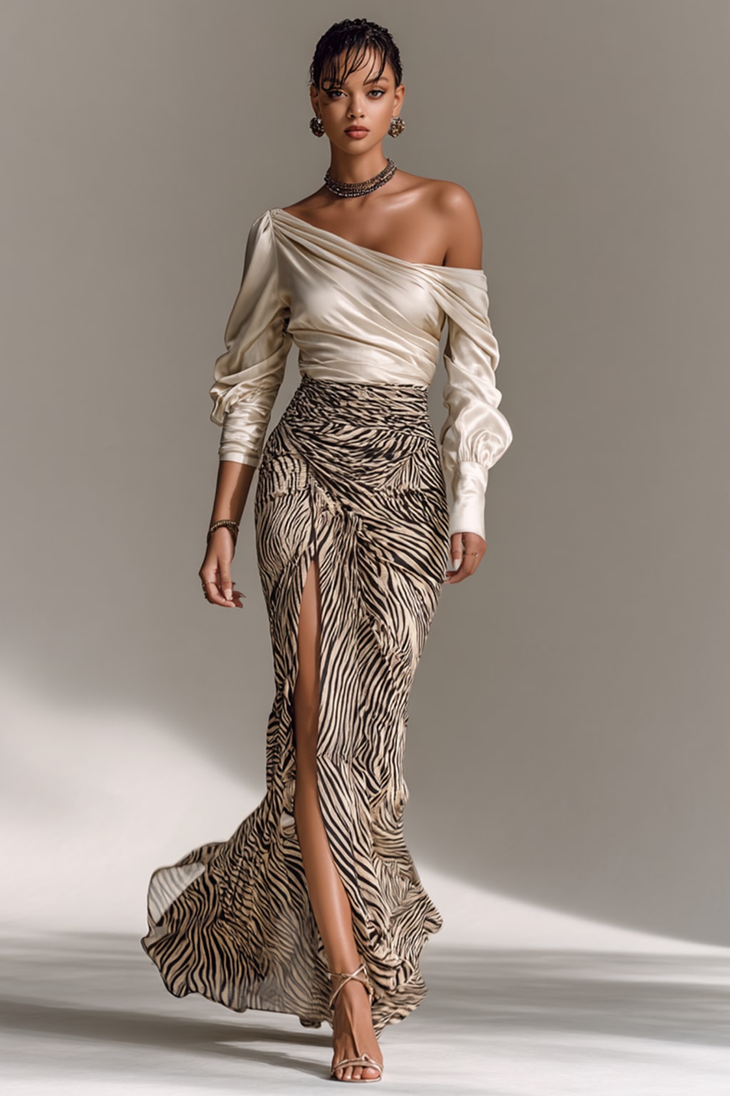 Satin Two-Piece Set With Off-Shoulder Zebra Print Skirt - 2