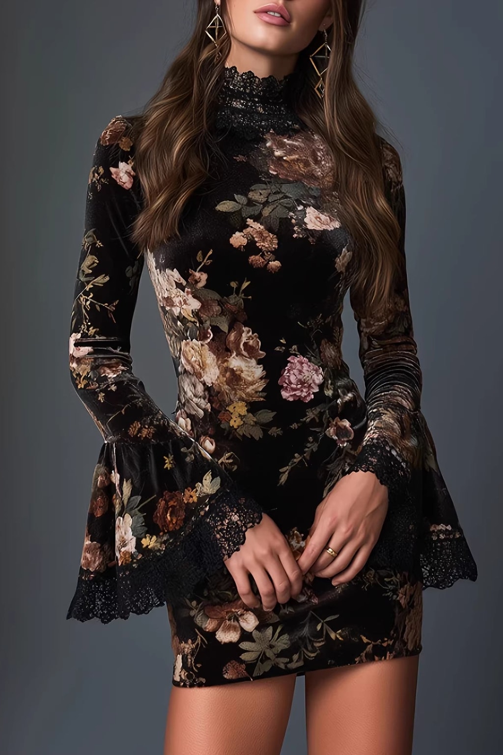 Floral Lace-Trim Cocktail Dress in Black - 2