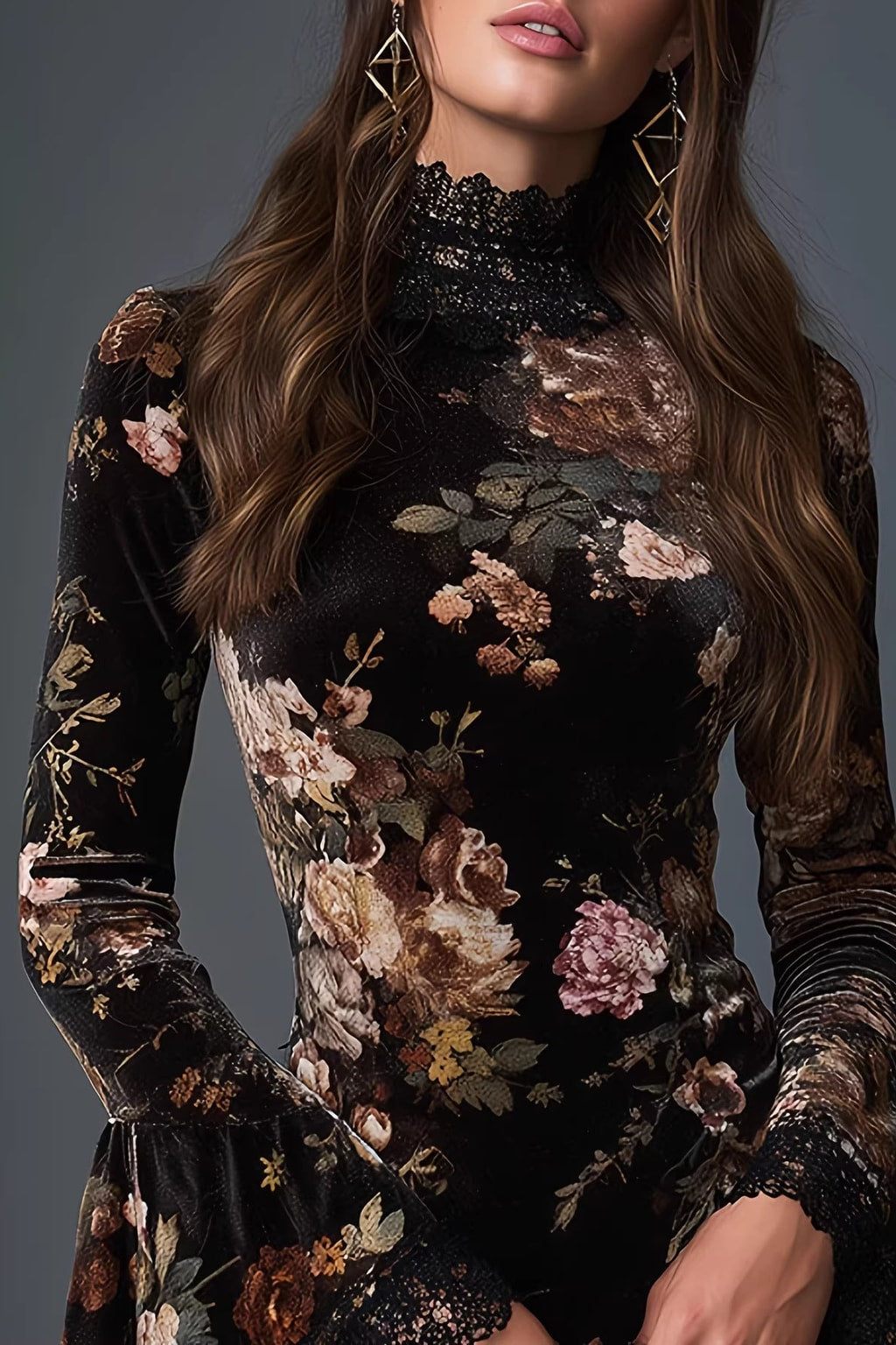 Floral Lace-Trim Cocktail Dress in Black - 4
