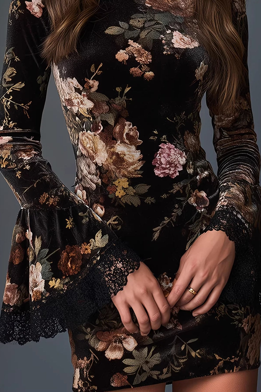 Floral Lace-Trim Cocktail Dress in Black - 5