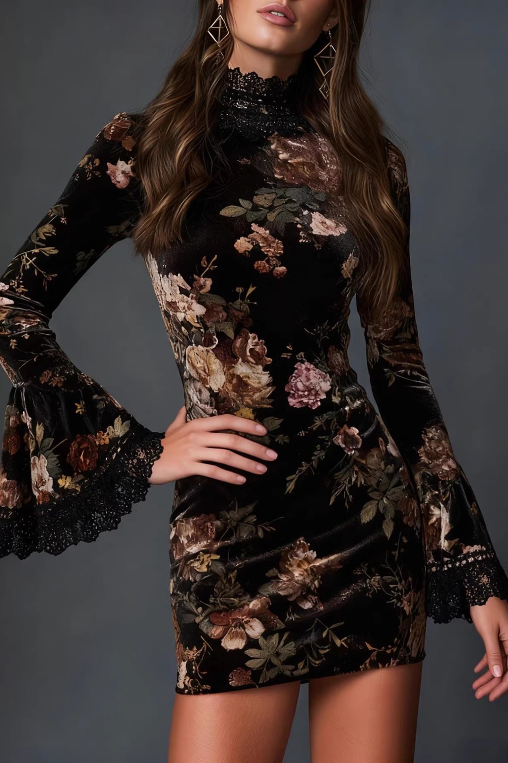 Floral Lace-Trim Cocktail Dress in Black - 6