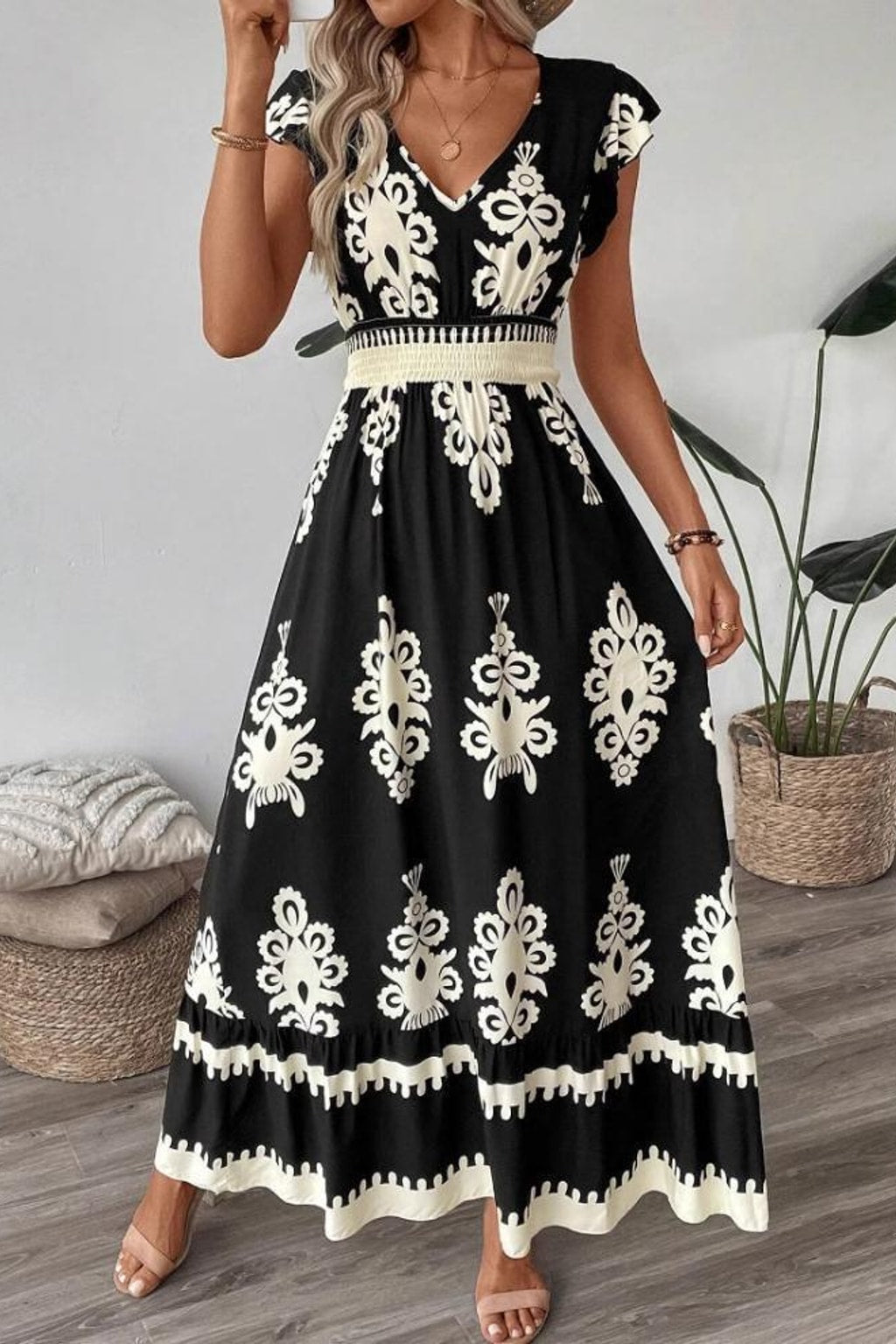 Floral V-Neck Maxi Dress - 8