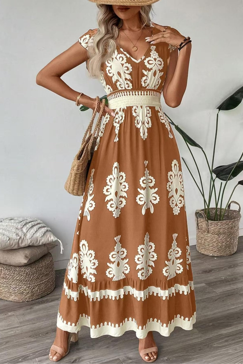Floral V-Neck Maxi Dress - 10