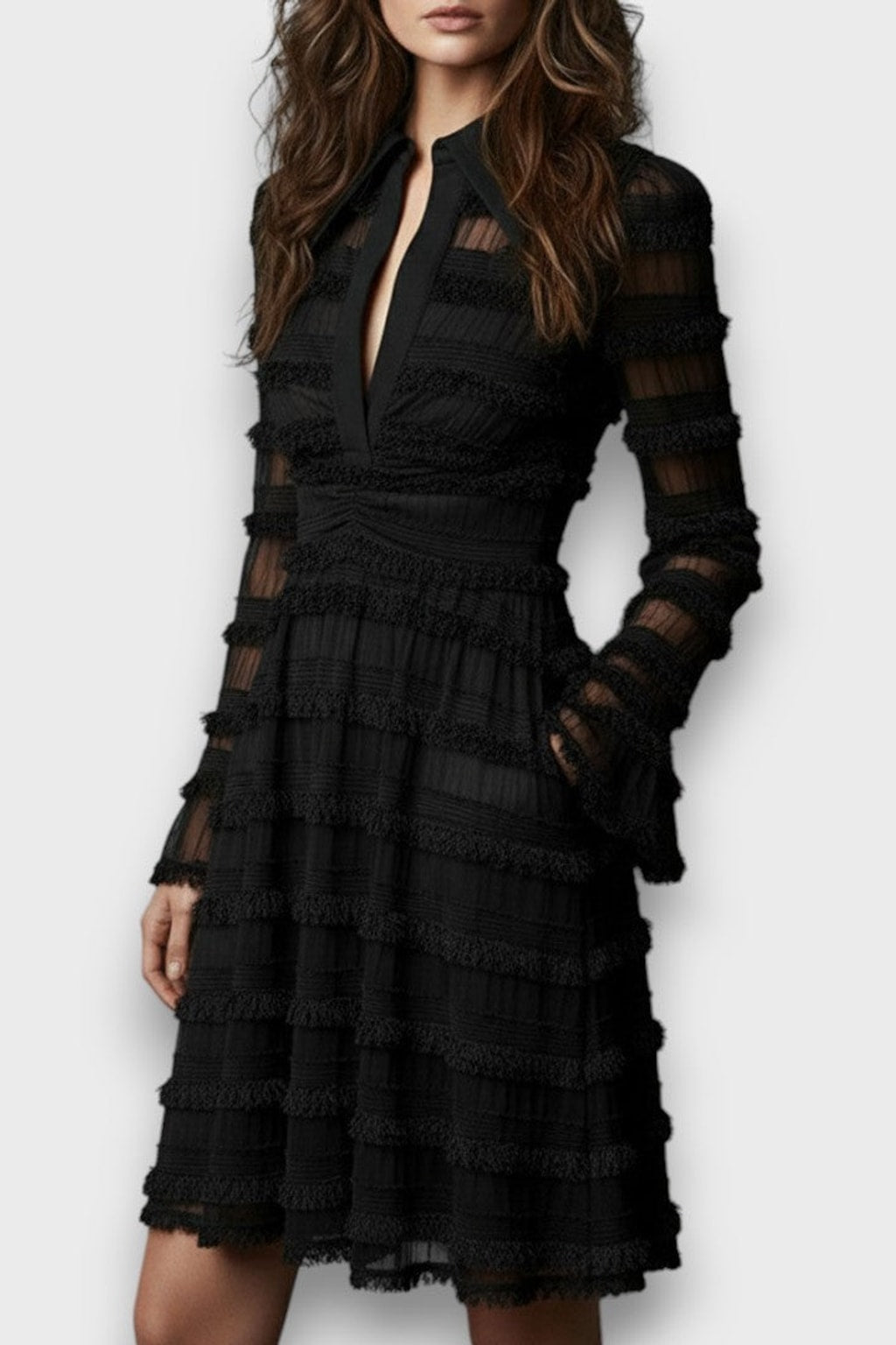 Black V-Neck Midi Dress With Long Sleeves - 4