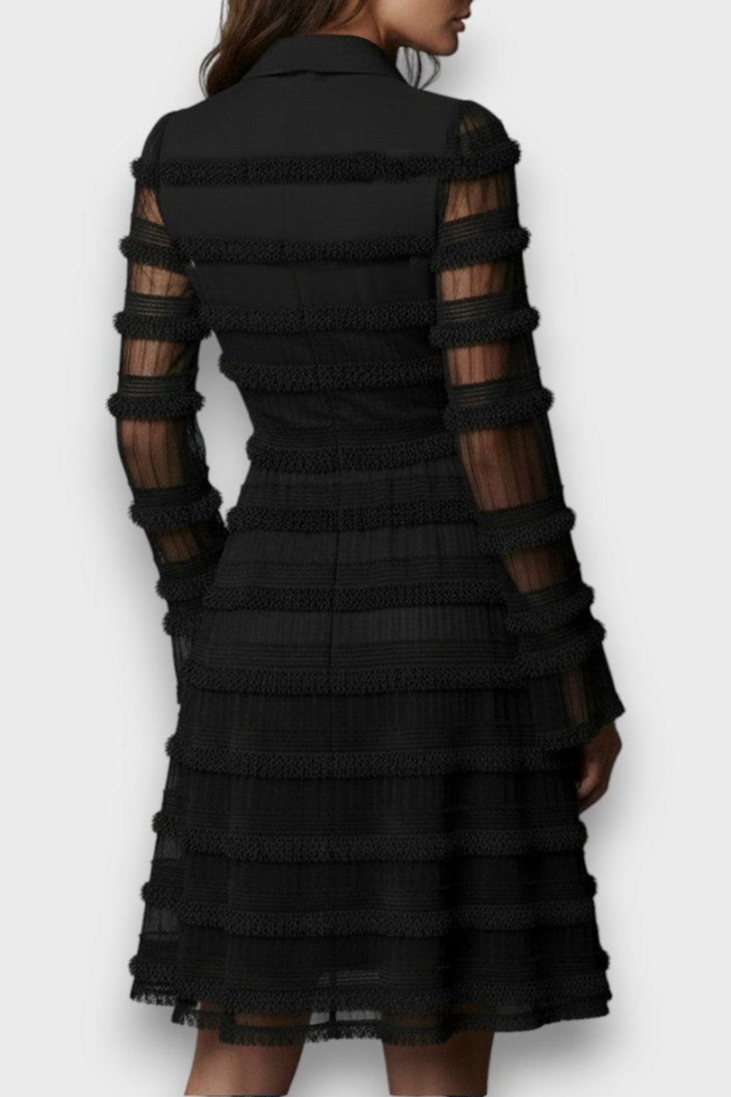 Black V-Neck Midi Dress With Long Sleeves - 5